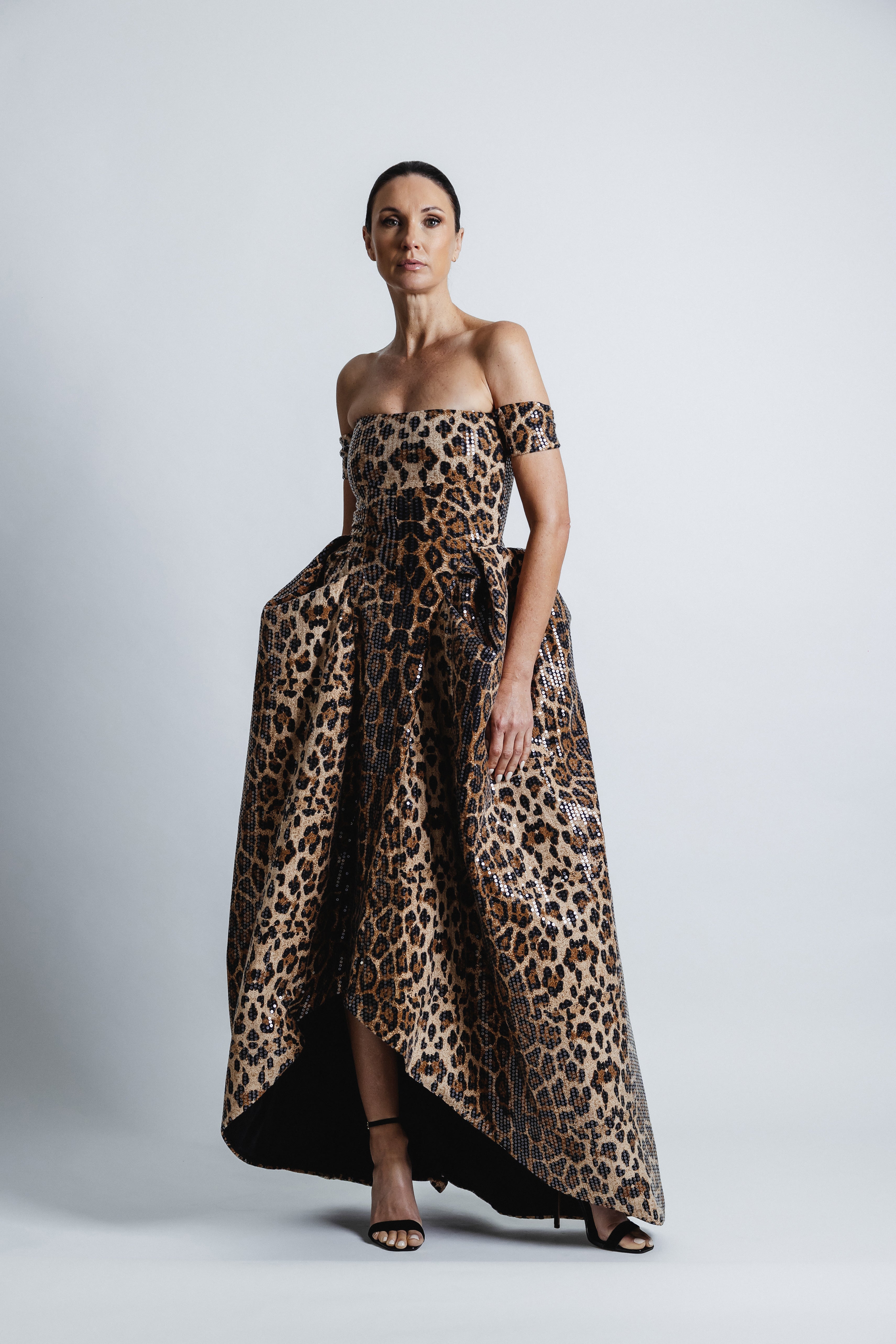 LEOPARD STRAPLESS SEQUIN DRESS