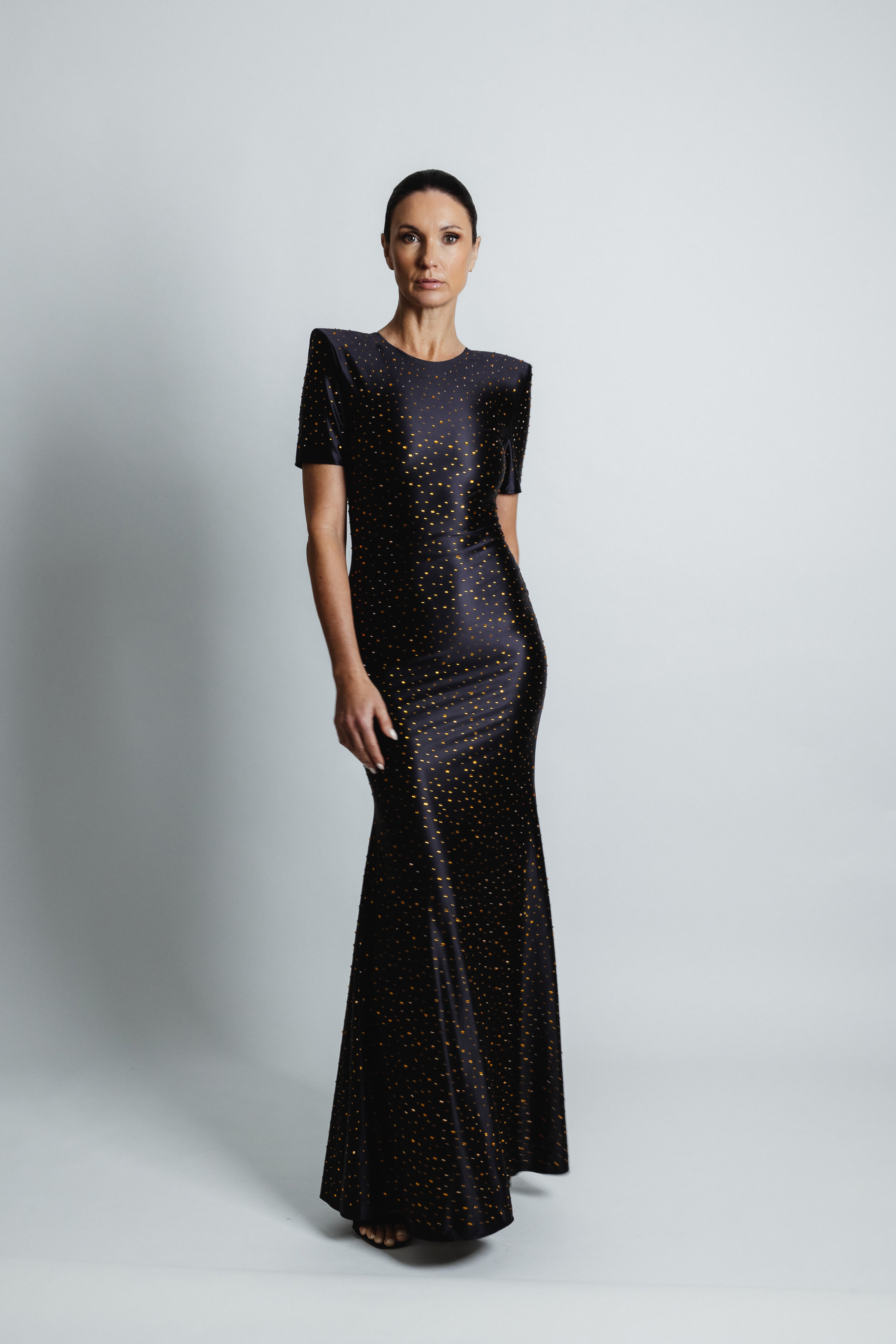 SATIN JERSEY STUDDED DRESS