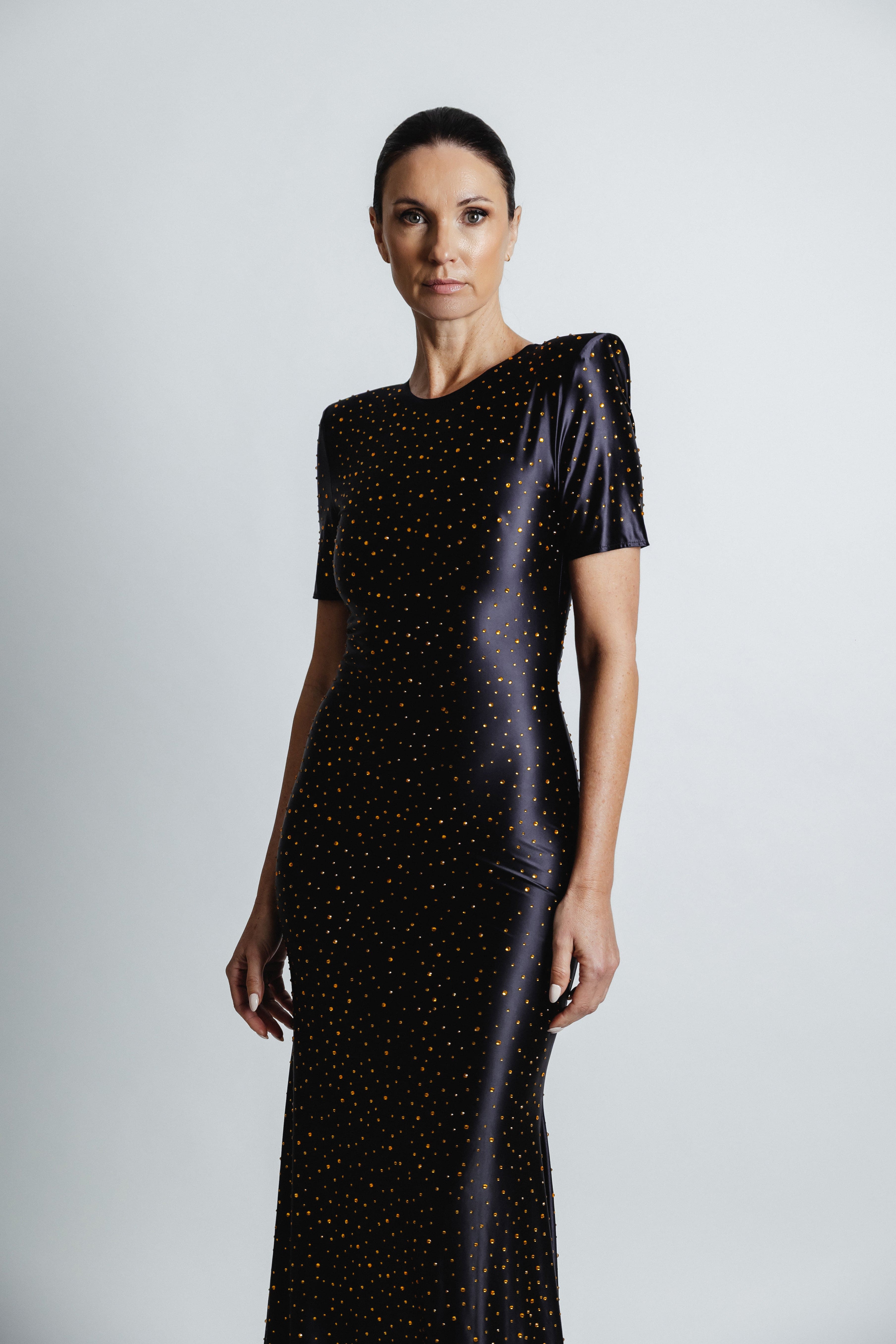 SATIN JERSEY STUDDED DRESS