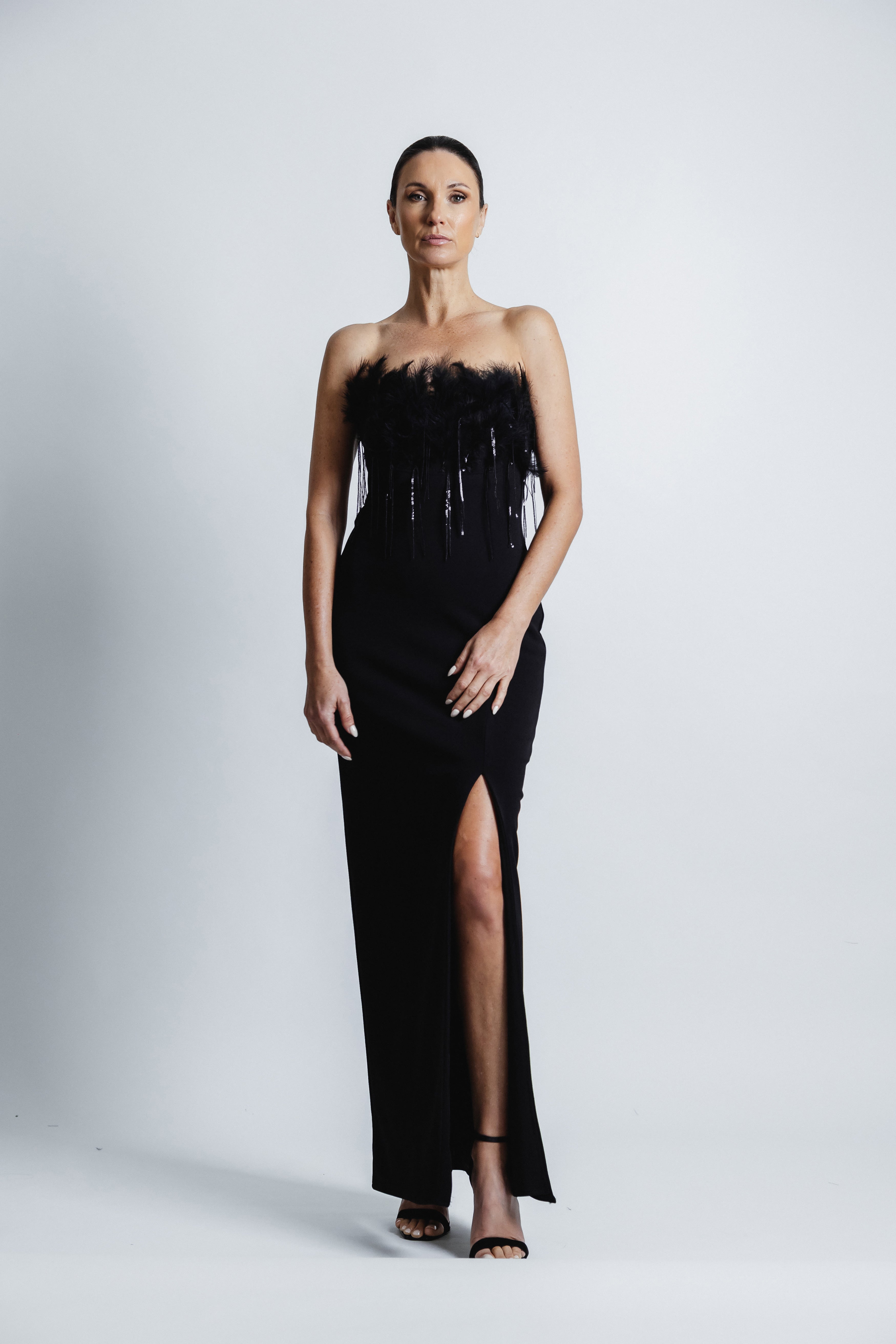 FEATHERED BLACK STRAPLESS DRESS