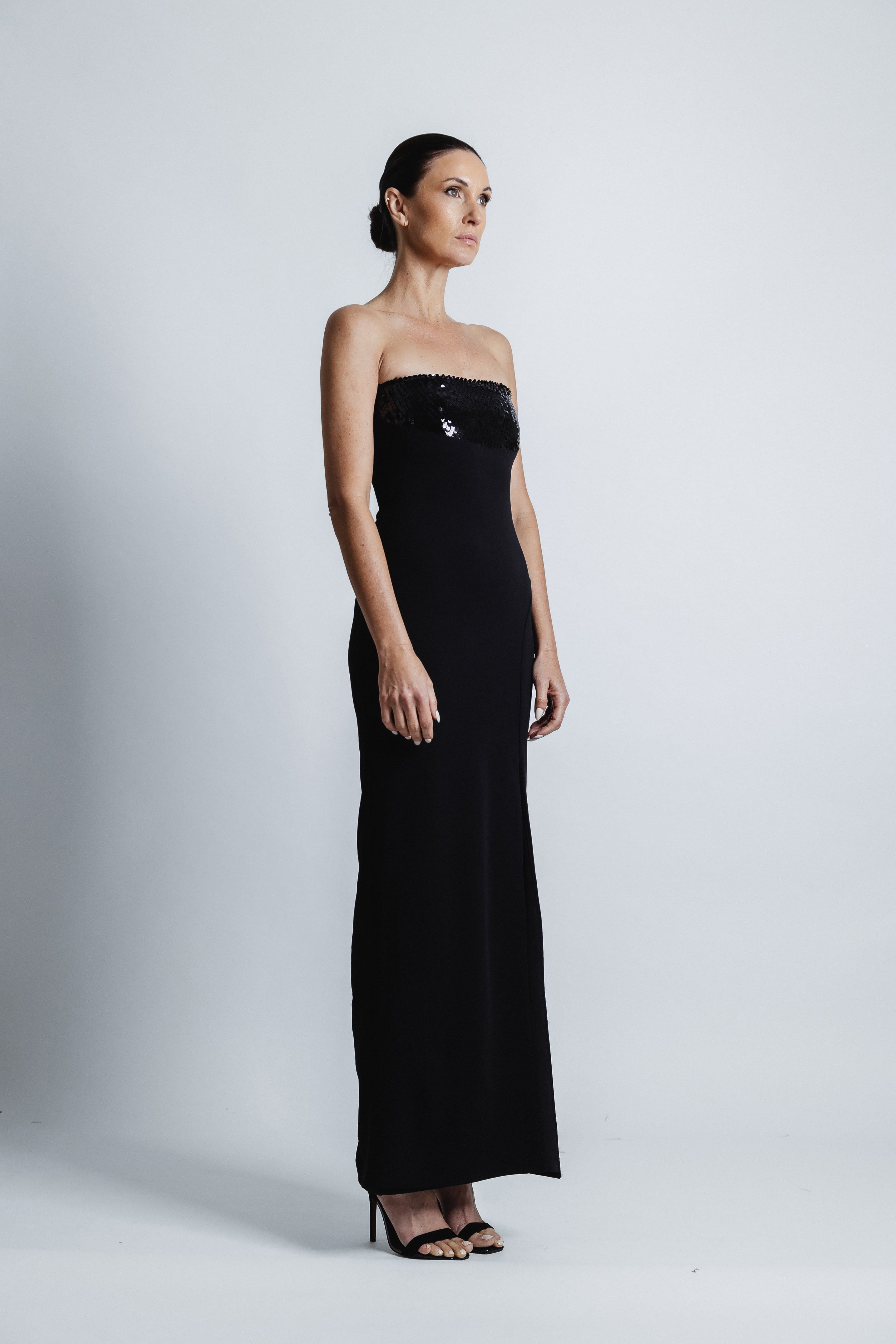 BLACK STRAPLESS SEQUIN PANEL DRESS