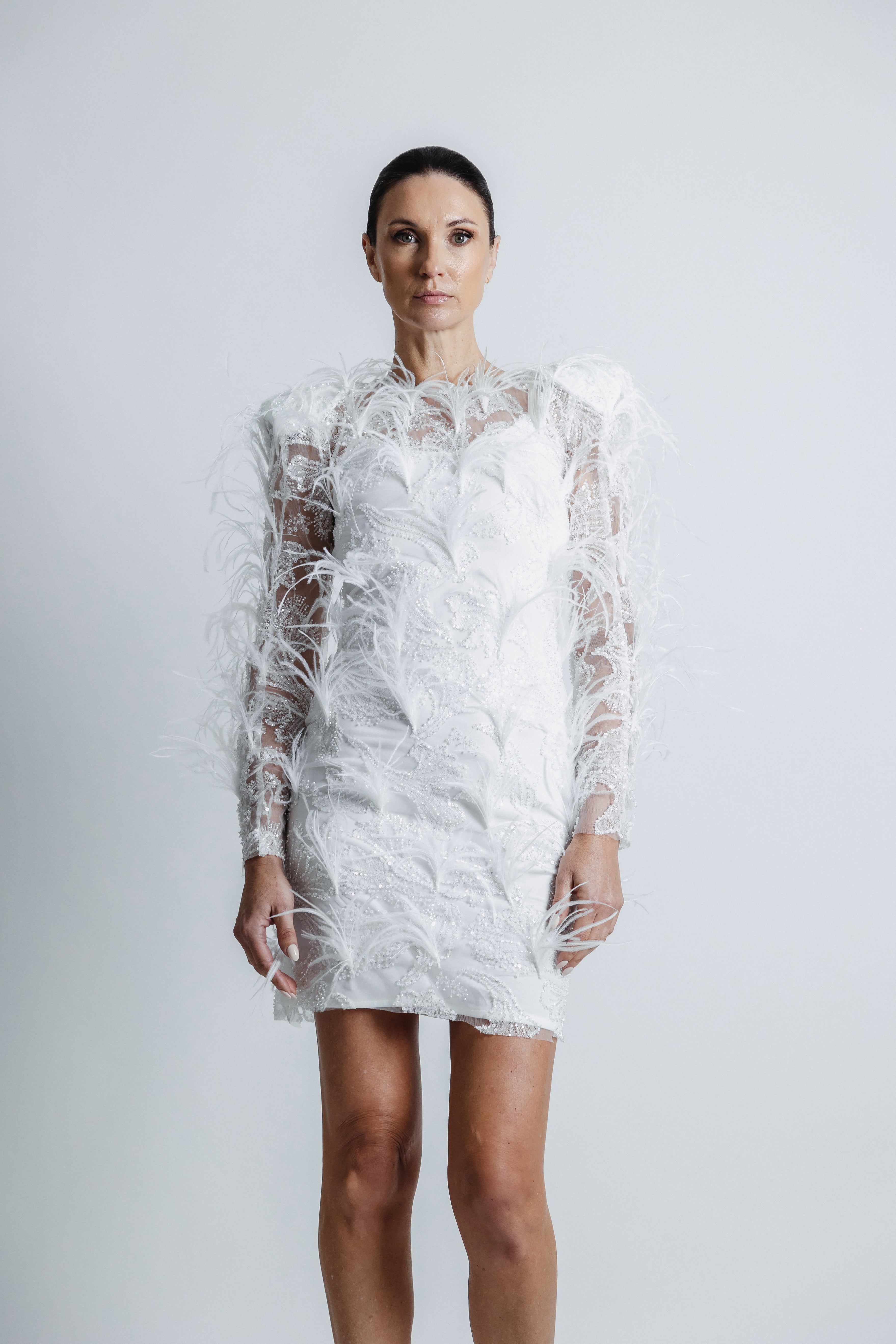 OSTRICH FEATHERED BEADED LACE DRESS