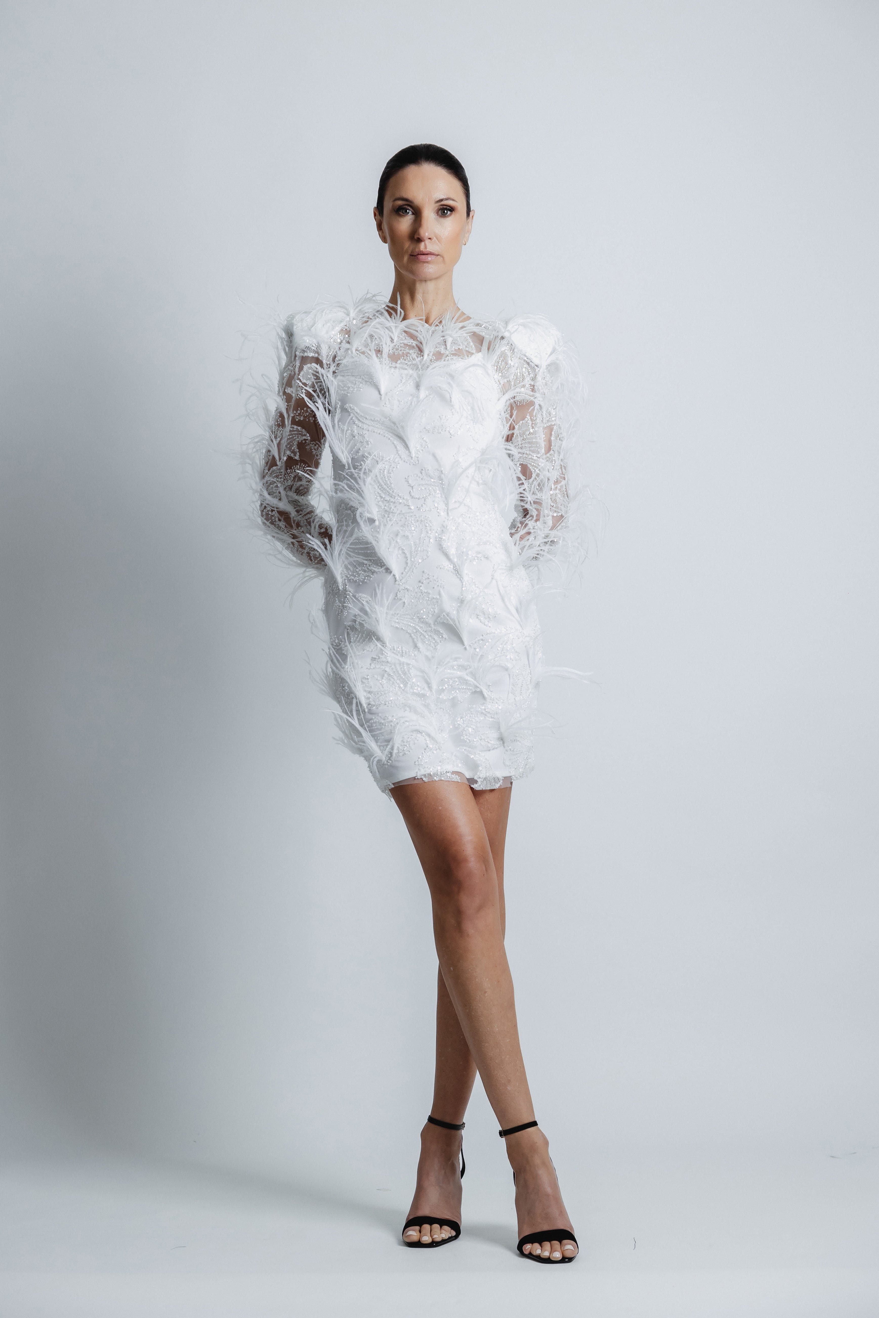 OSTRICH FEATHERED BEADED LACE DRESS
