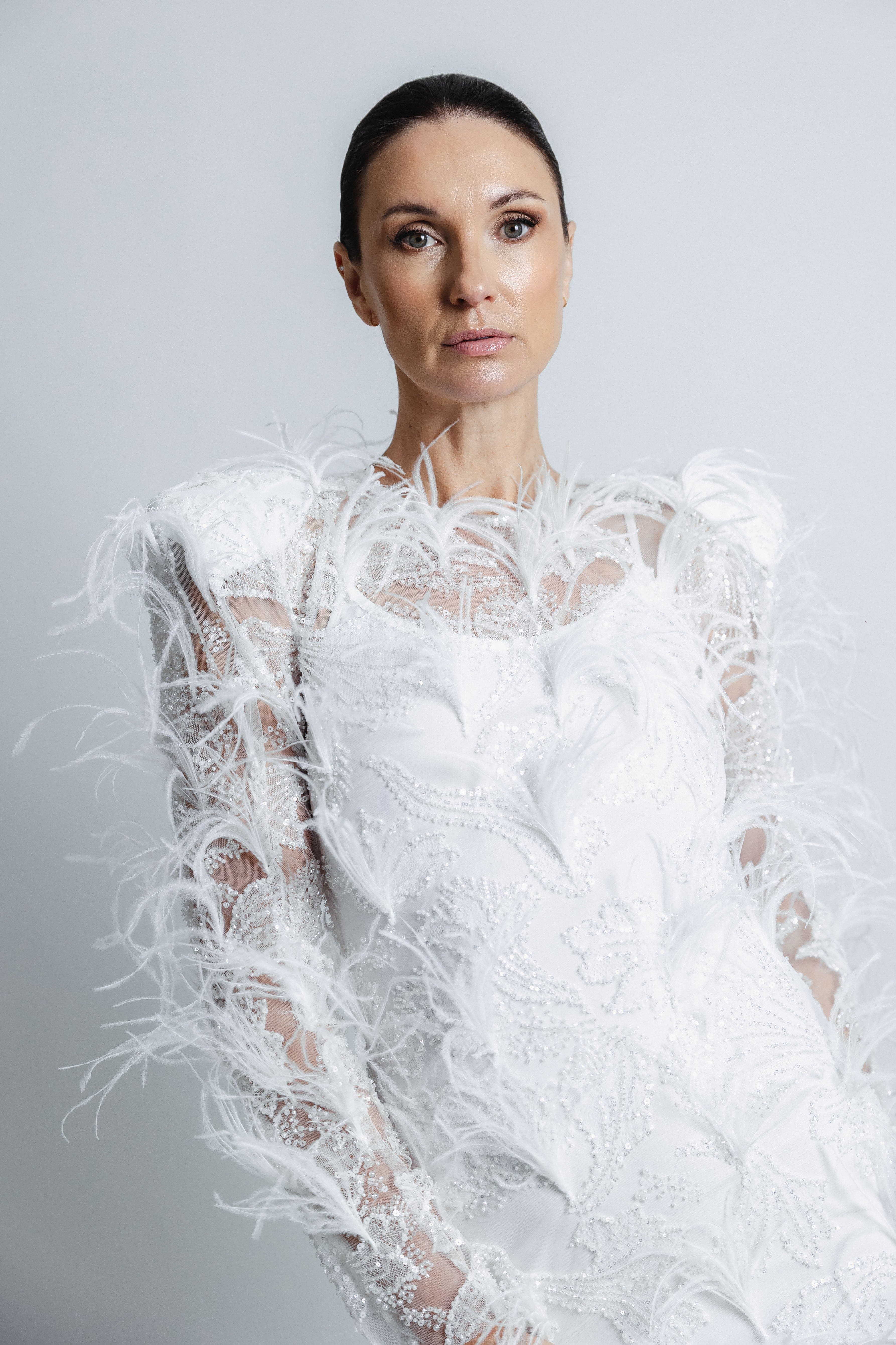 OSTRICH FEATHERED BEADED LACE DRESS