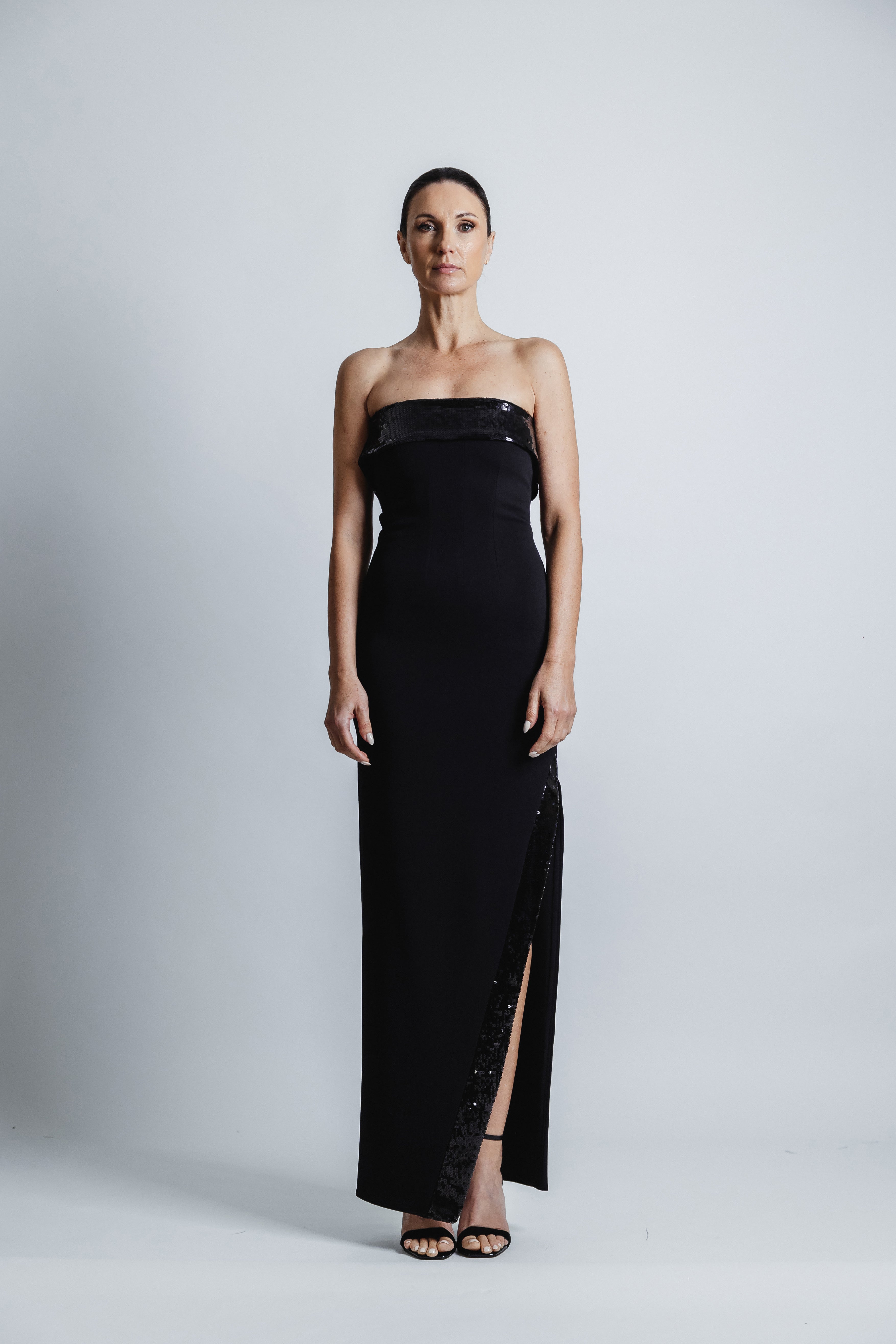 BLACK STRAPLESS TUXEDO SEQUIN DRESS