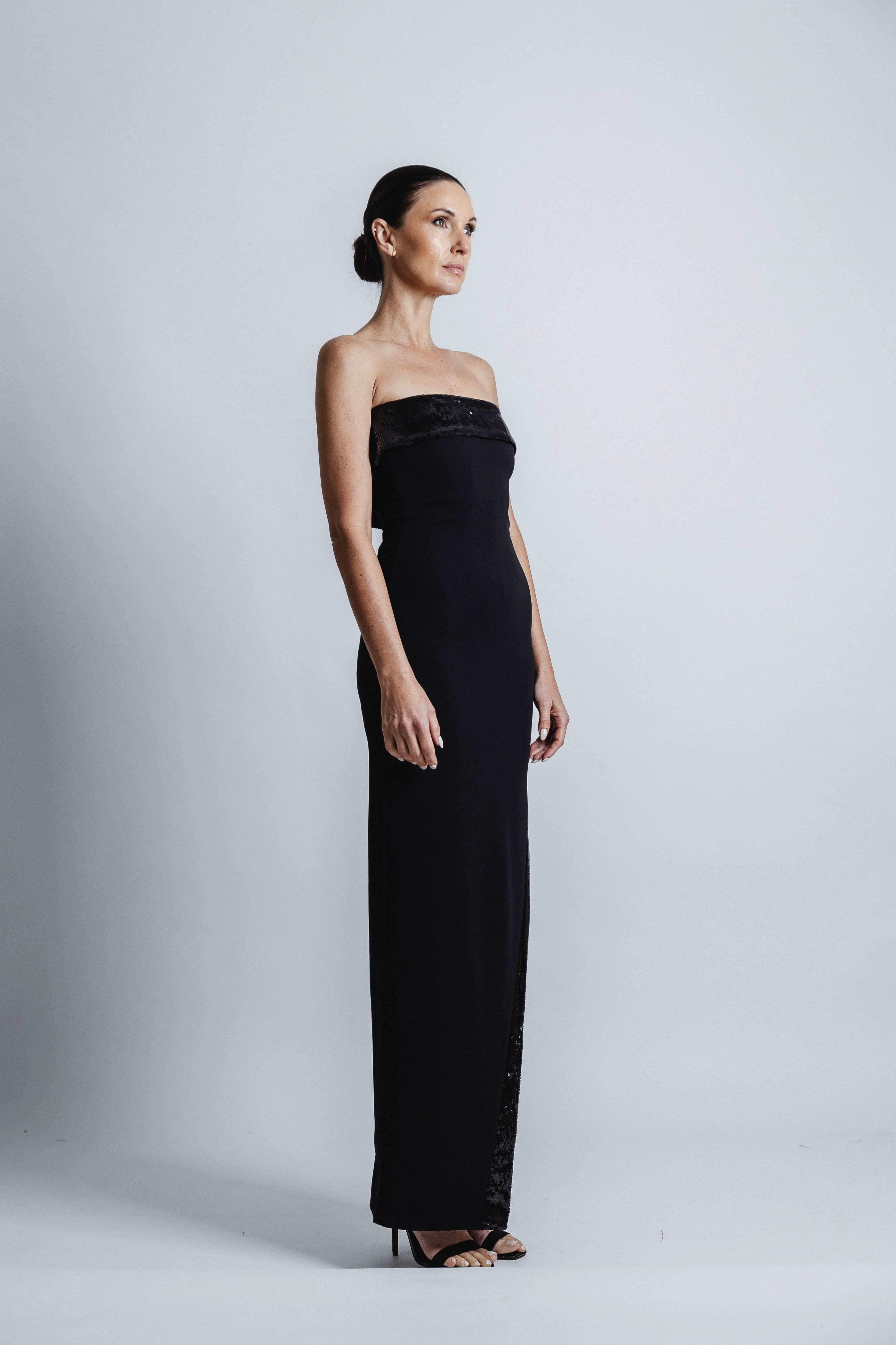 BLACK STRAPLESS TUXEDO SEQUIN DRESS