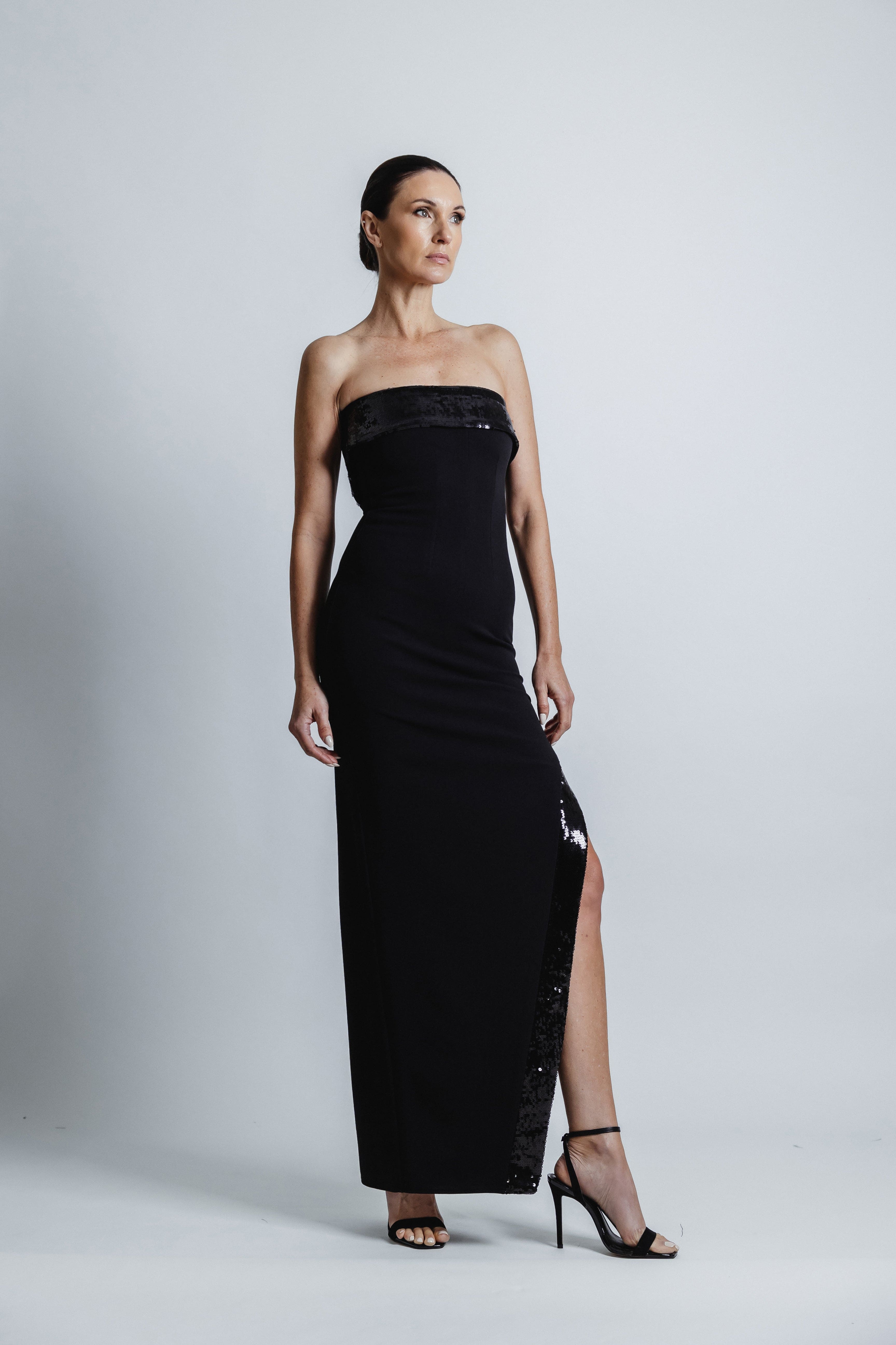 BLACK STRAPLESS TUXEDO SEQUIN DRESS