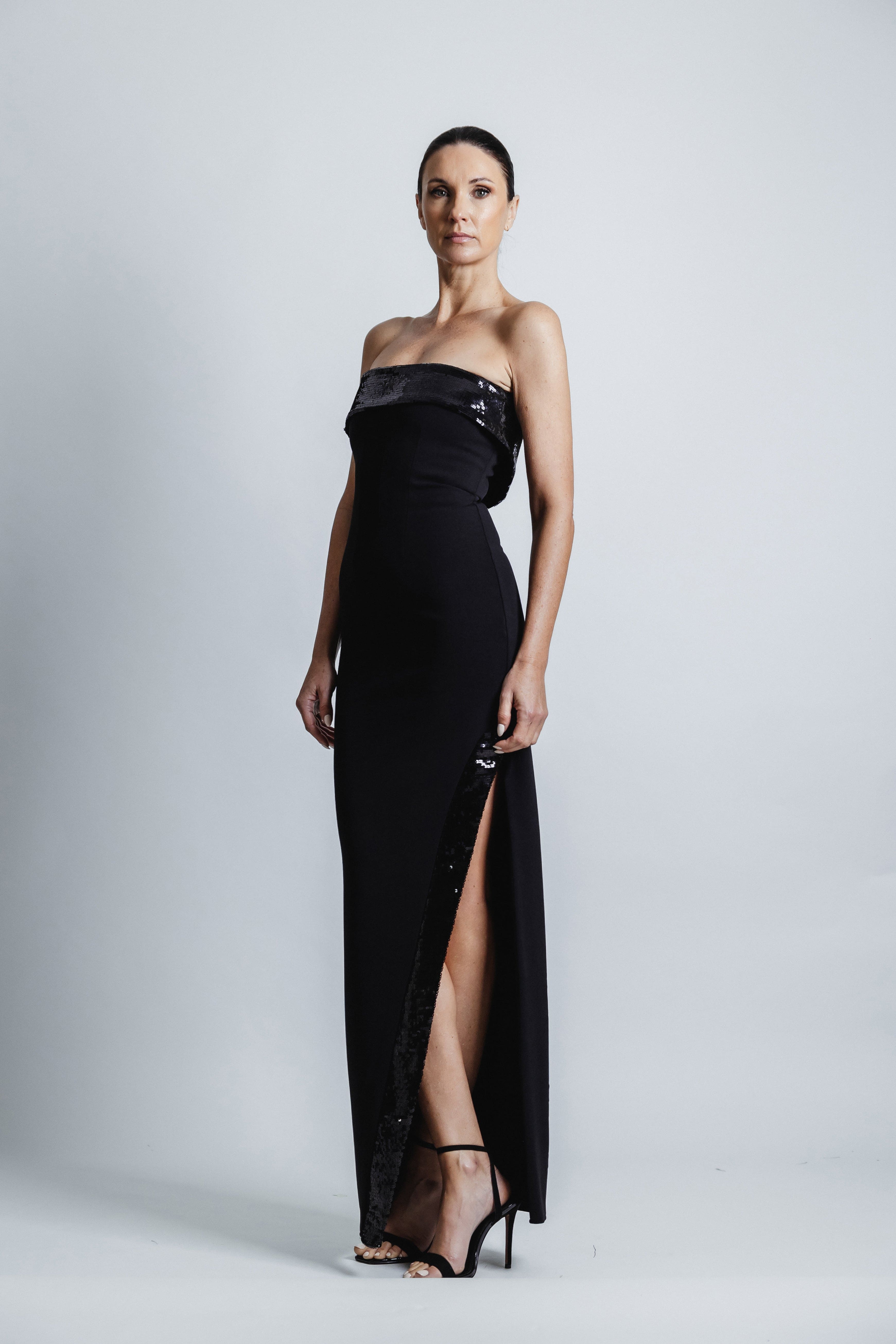 BLACK STRAPLESS TUXEDO SEQUIN DRESS