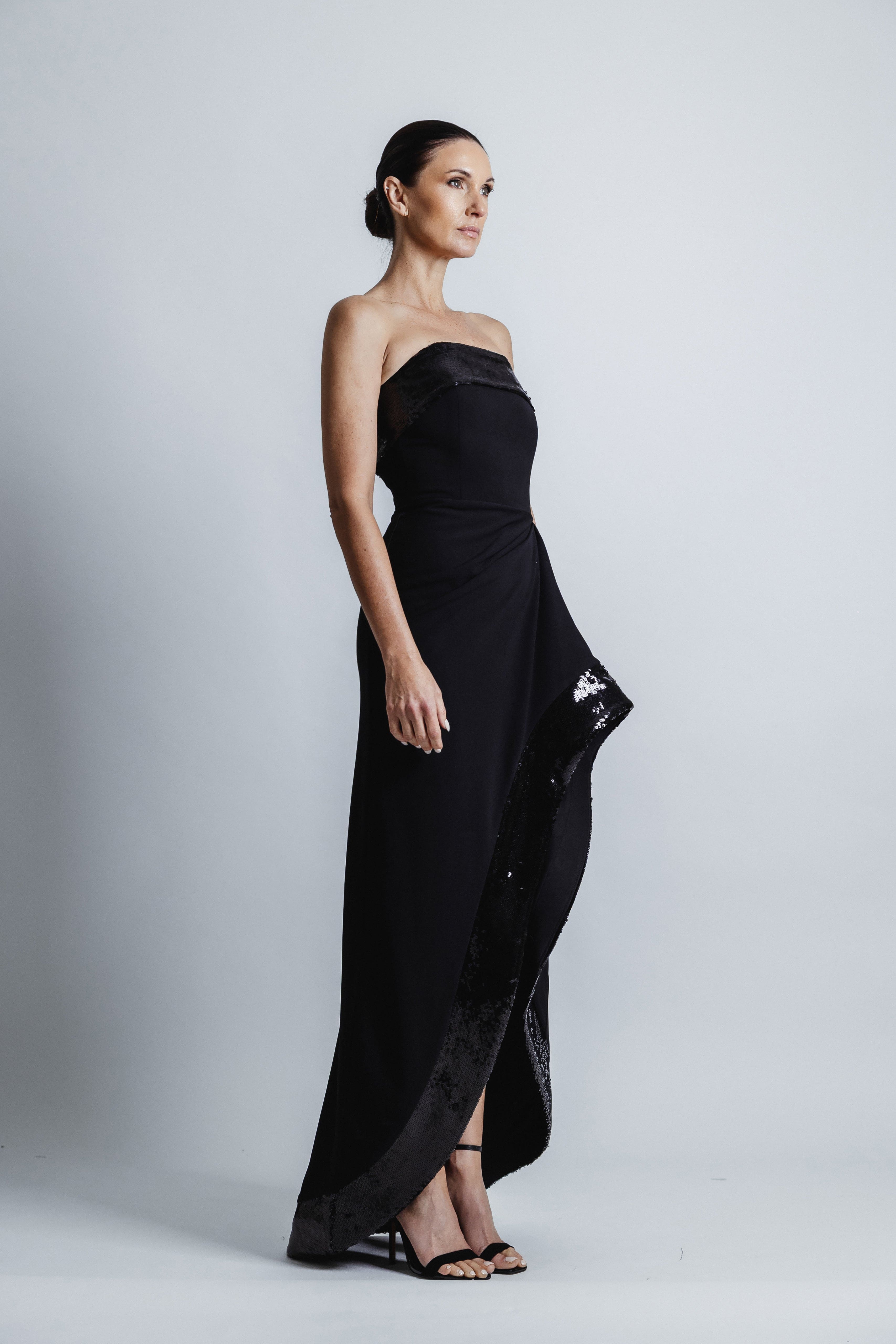 BLACK STRAPLESS ASY SEQUIN DRESS
