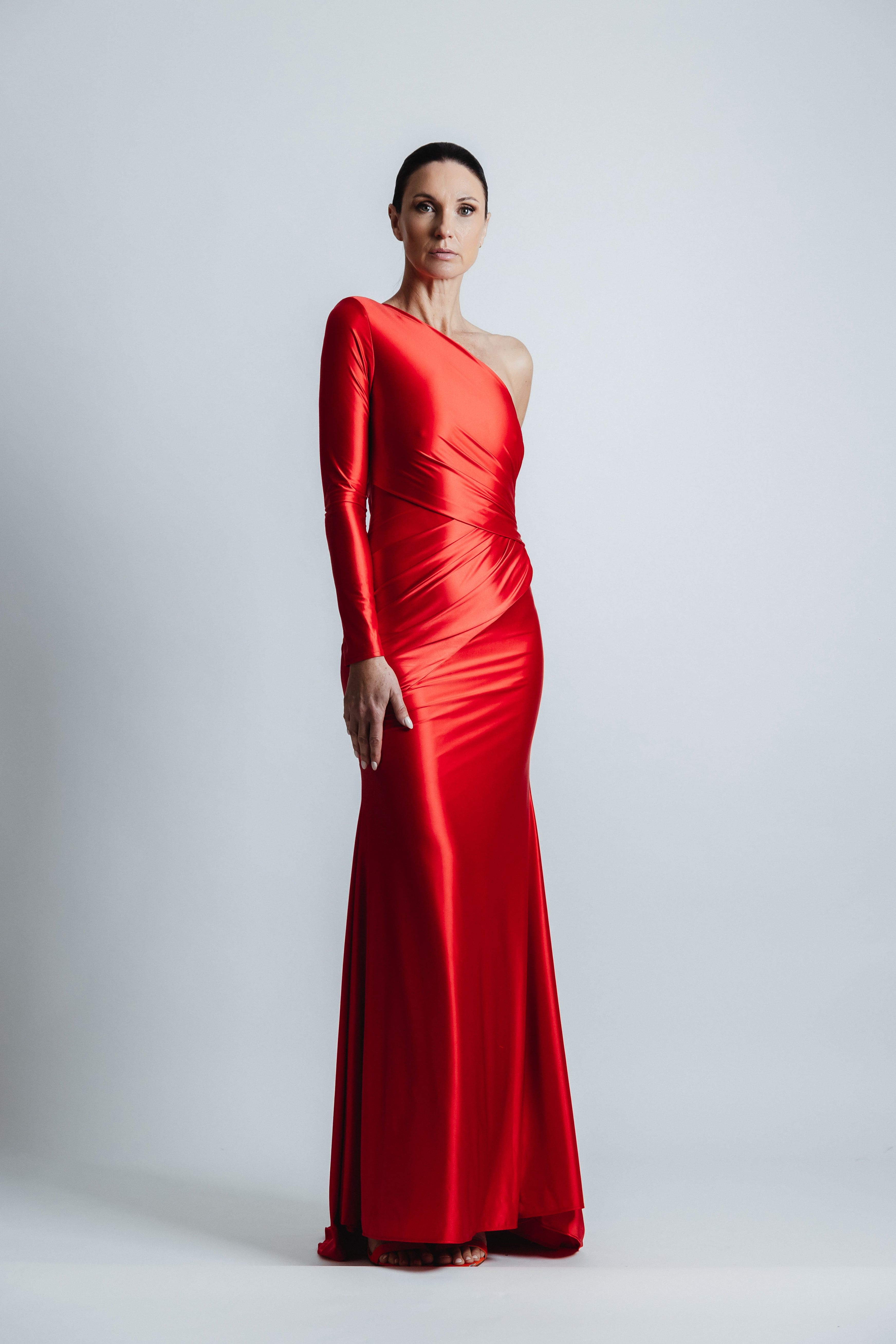 RED ONE SHOULDER RUCHE GOWN