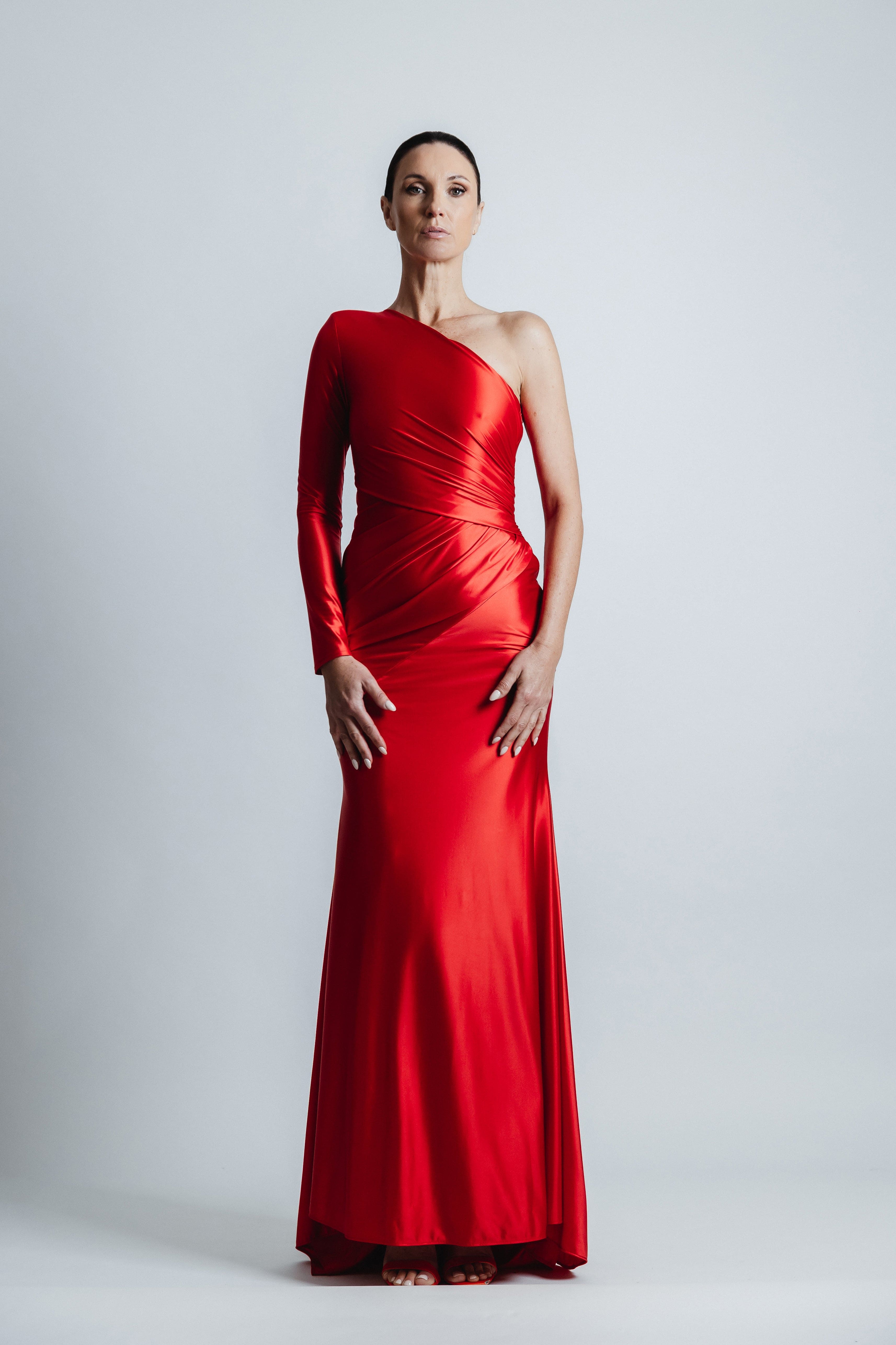 RED ONE SHOULDER RUCHE GOWN
