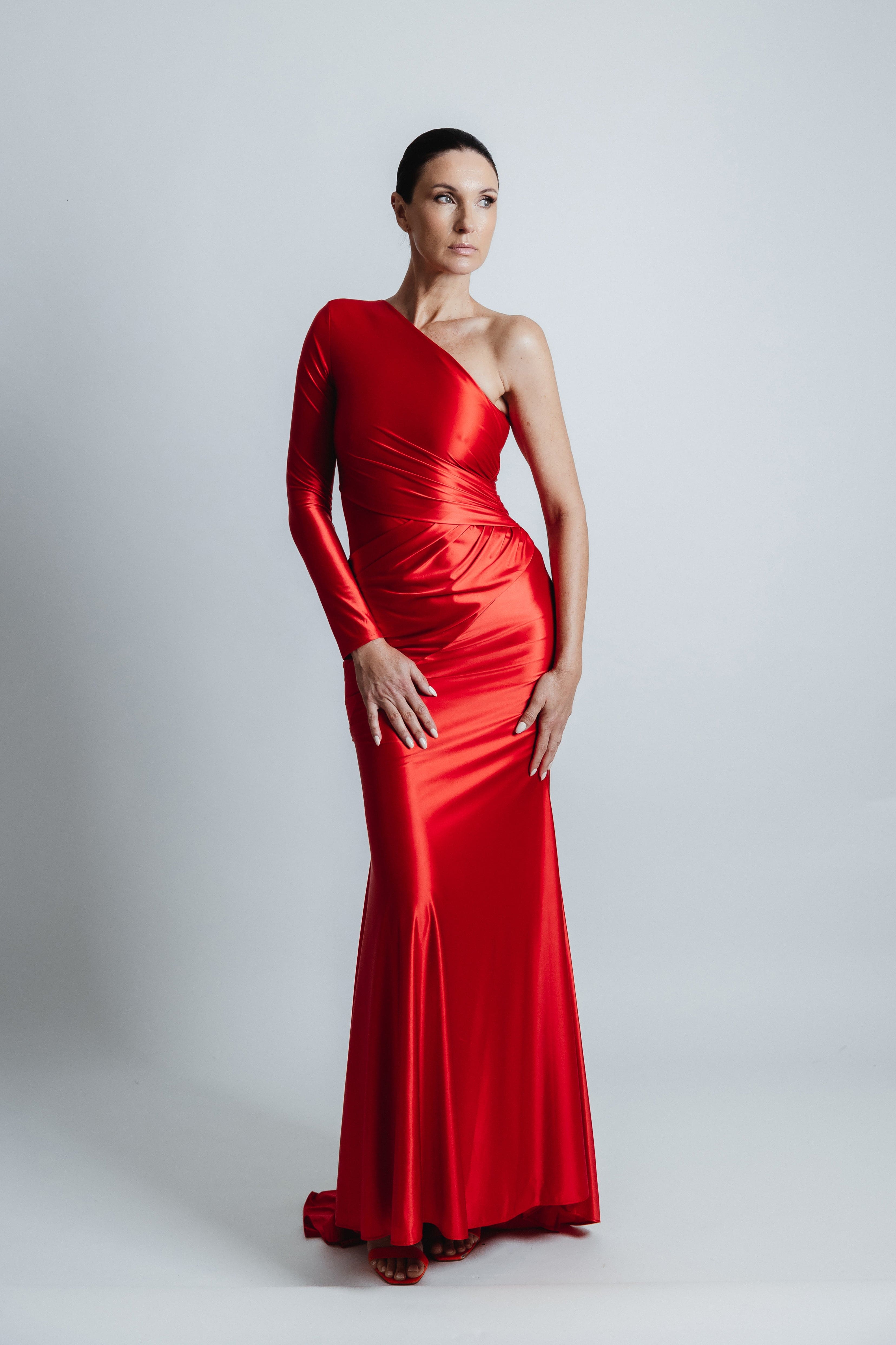 RED ONE SHOULDER RUCHE GOWN