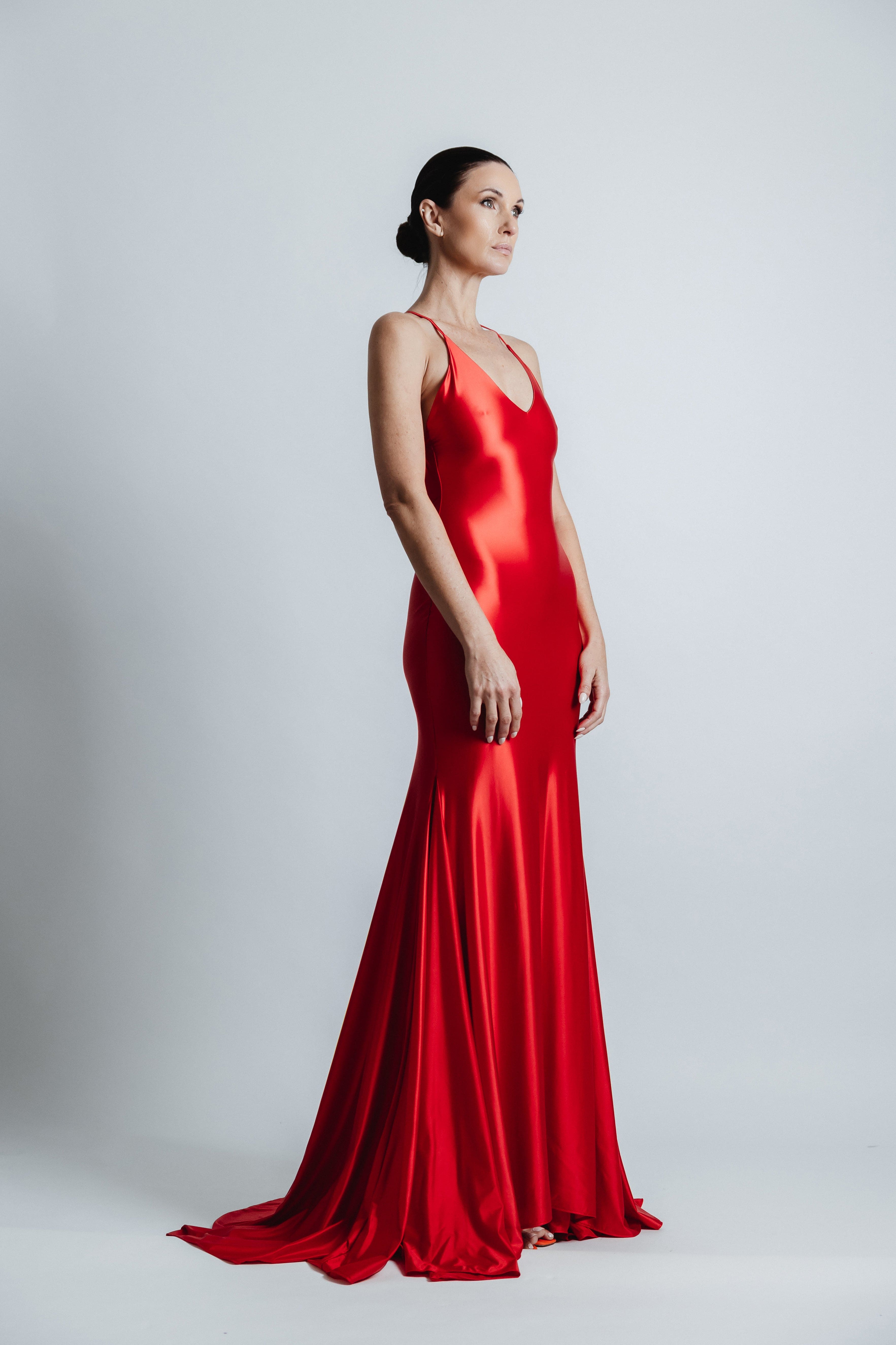 RED SATIN JERSEY SLIP GOWN