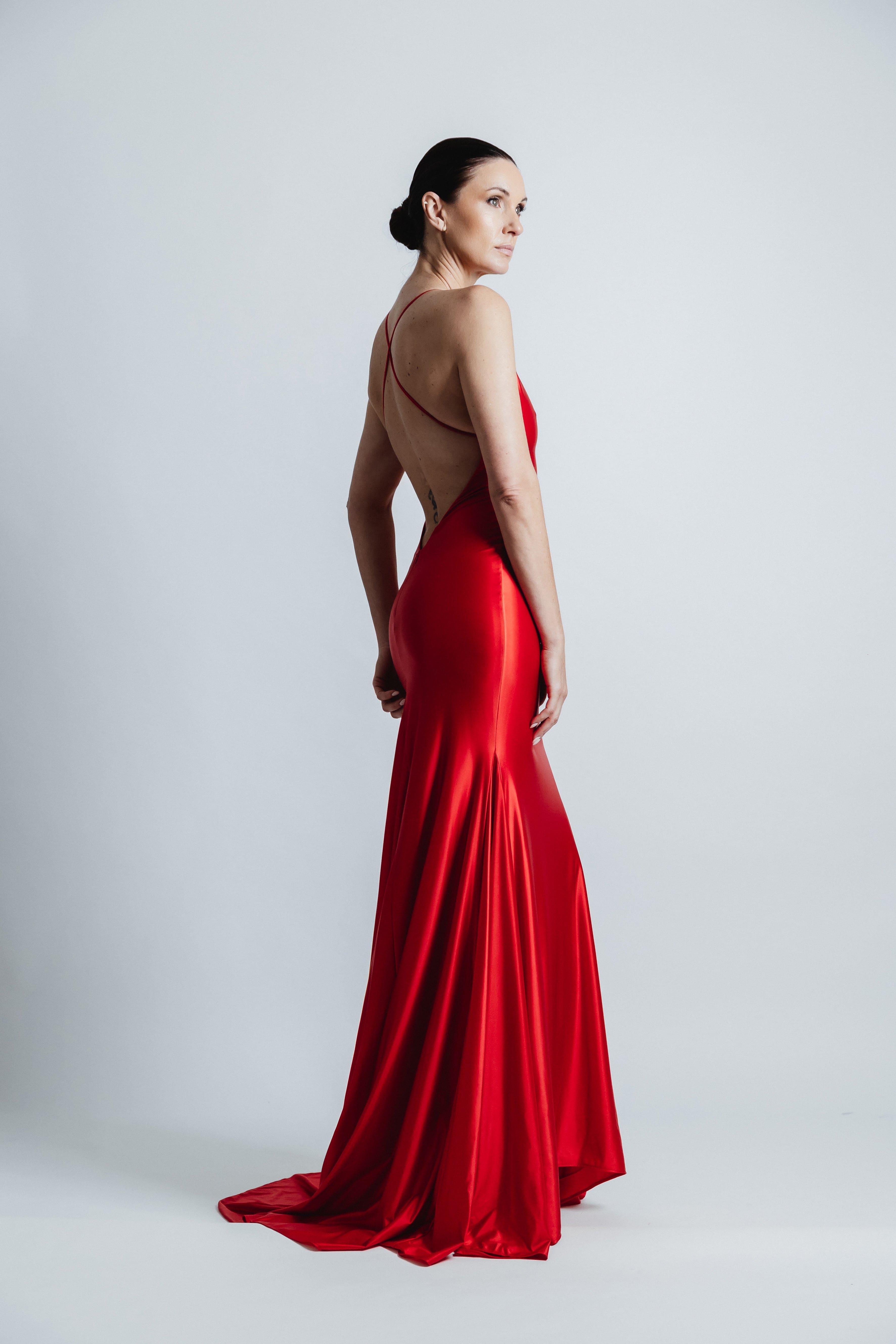 RED SATIN JERSEY SLIP GOWN