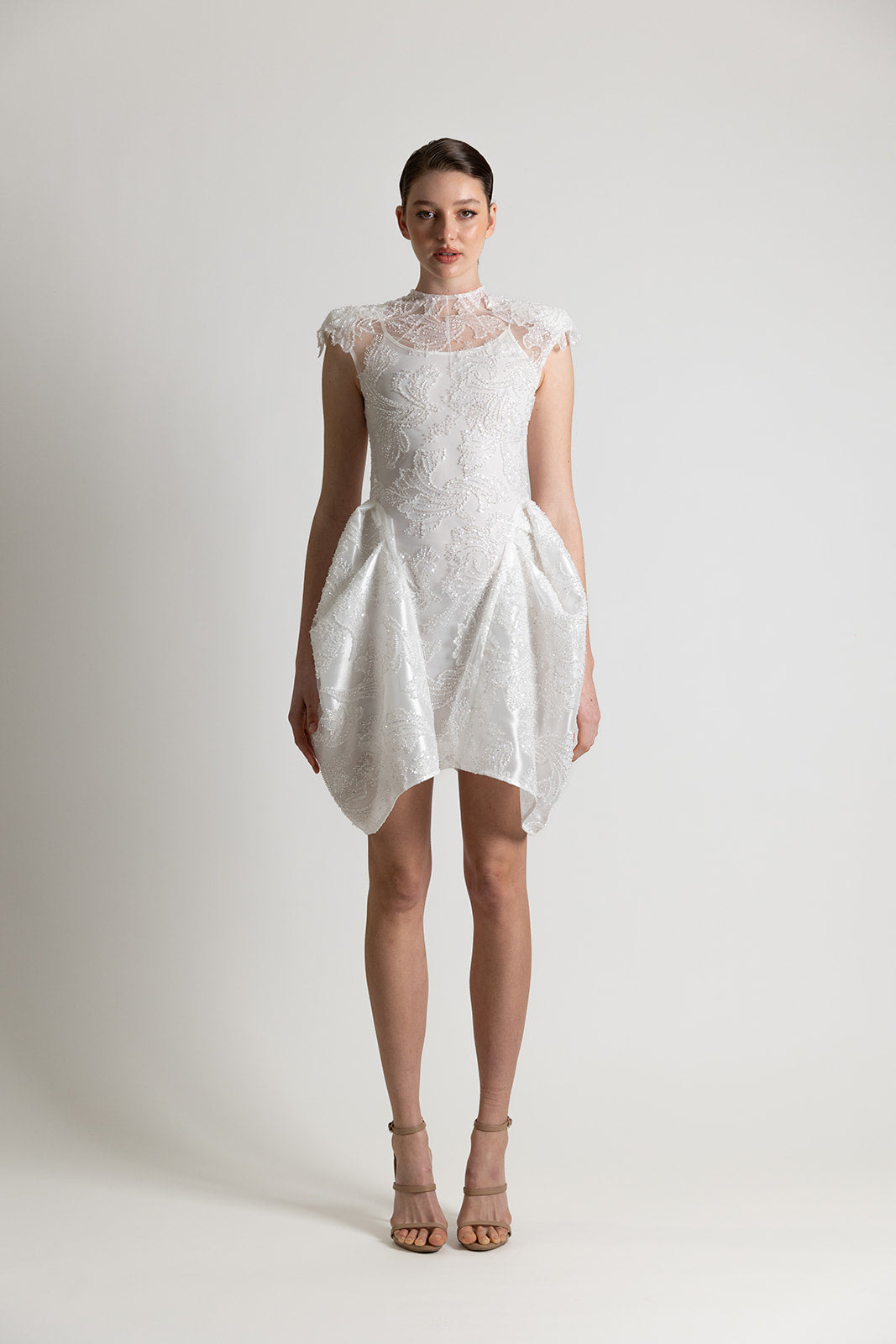 BEADED LACE CAP SLEEVE MINI DRESS