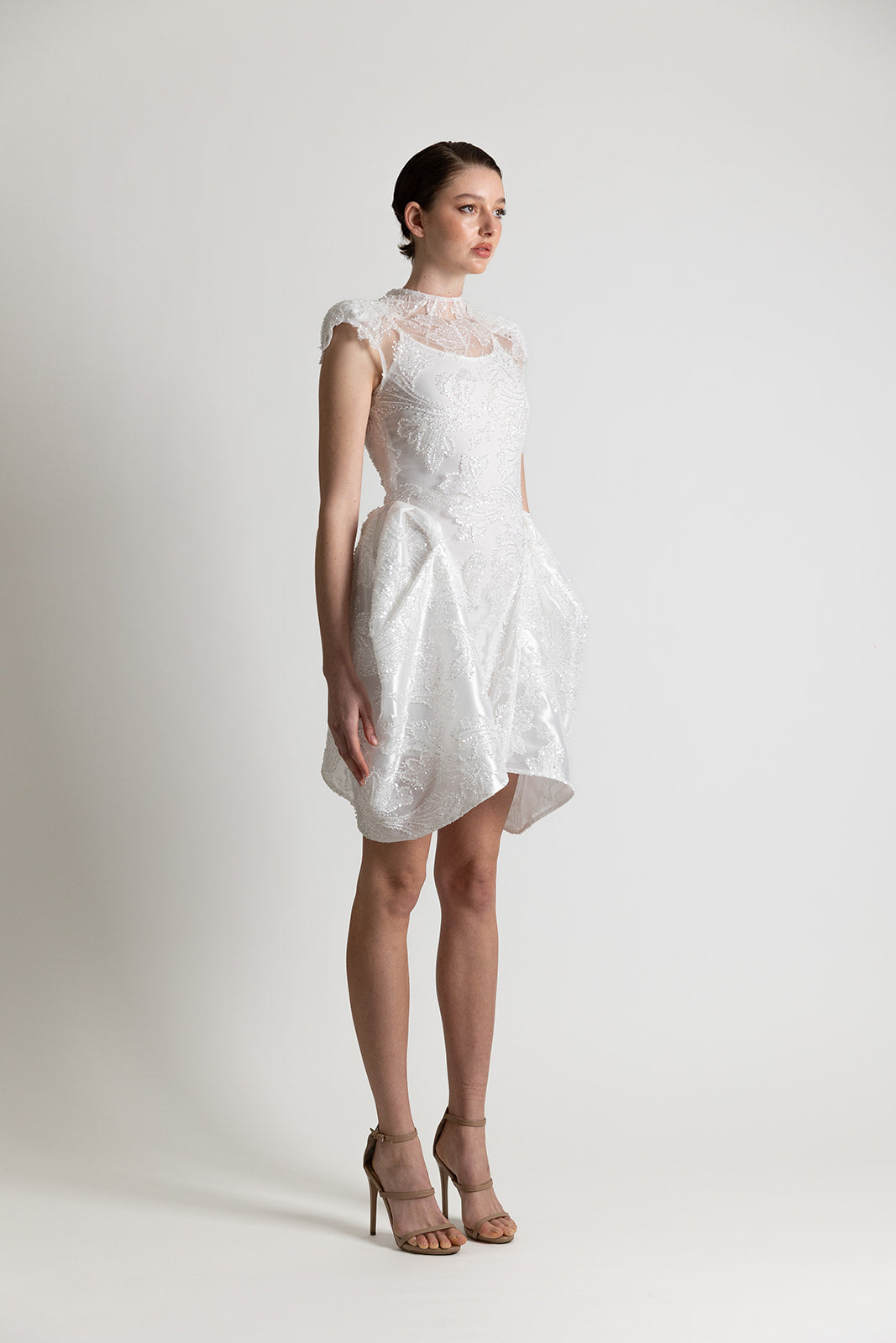 BEADED LACE CAP SLEEVE MINI DRESS