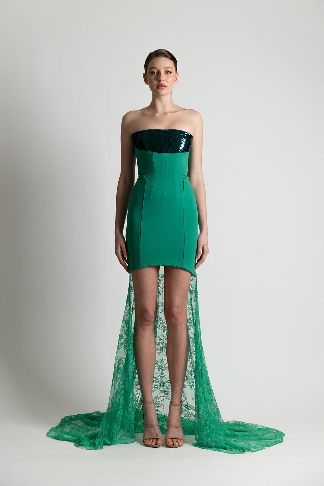 STRAPLESS SEQUIN LACE DRESS GREEN