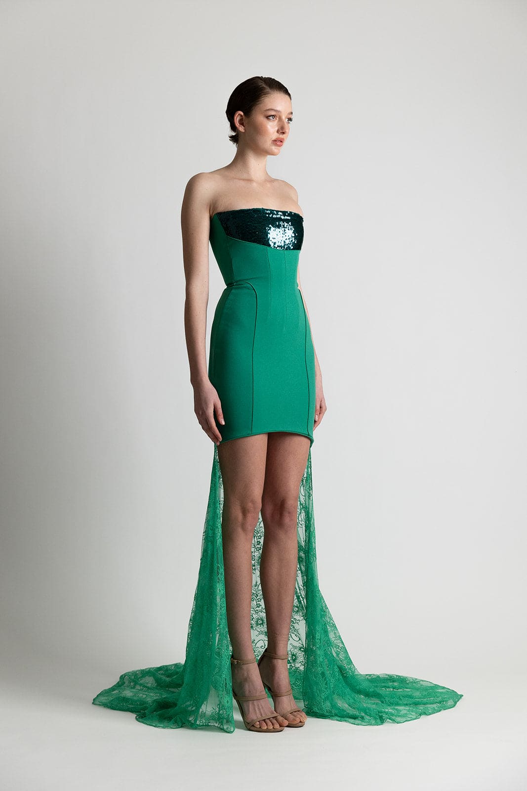 STRAPLESS SEQUIN LACE DRESS