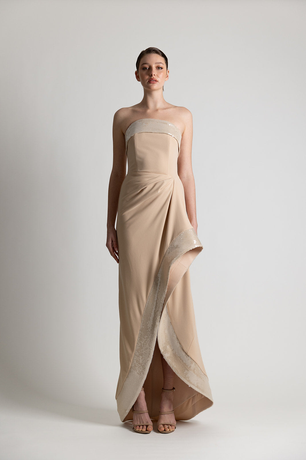 STRAPLESS ASY SEQUIN DRESS NUDE