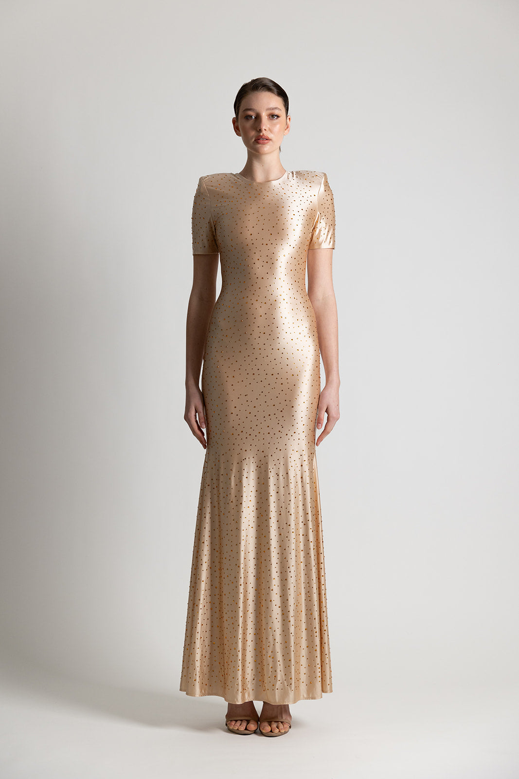 SATIN JERSEY  STUDDED DRESS NUDE