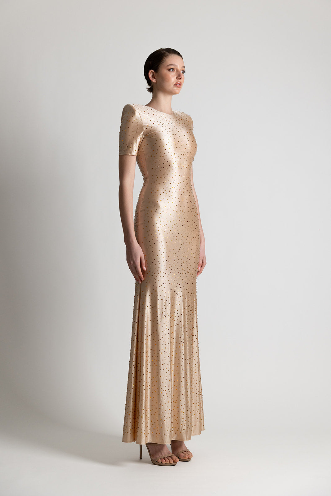 SATIN JERSEY  STUDDED DRESS NUDE