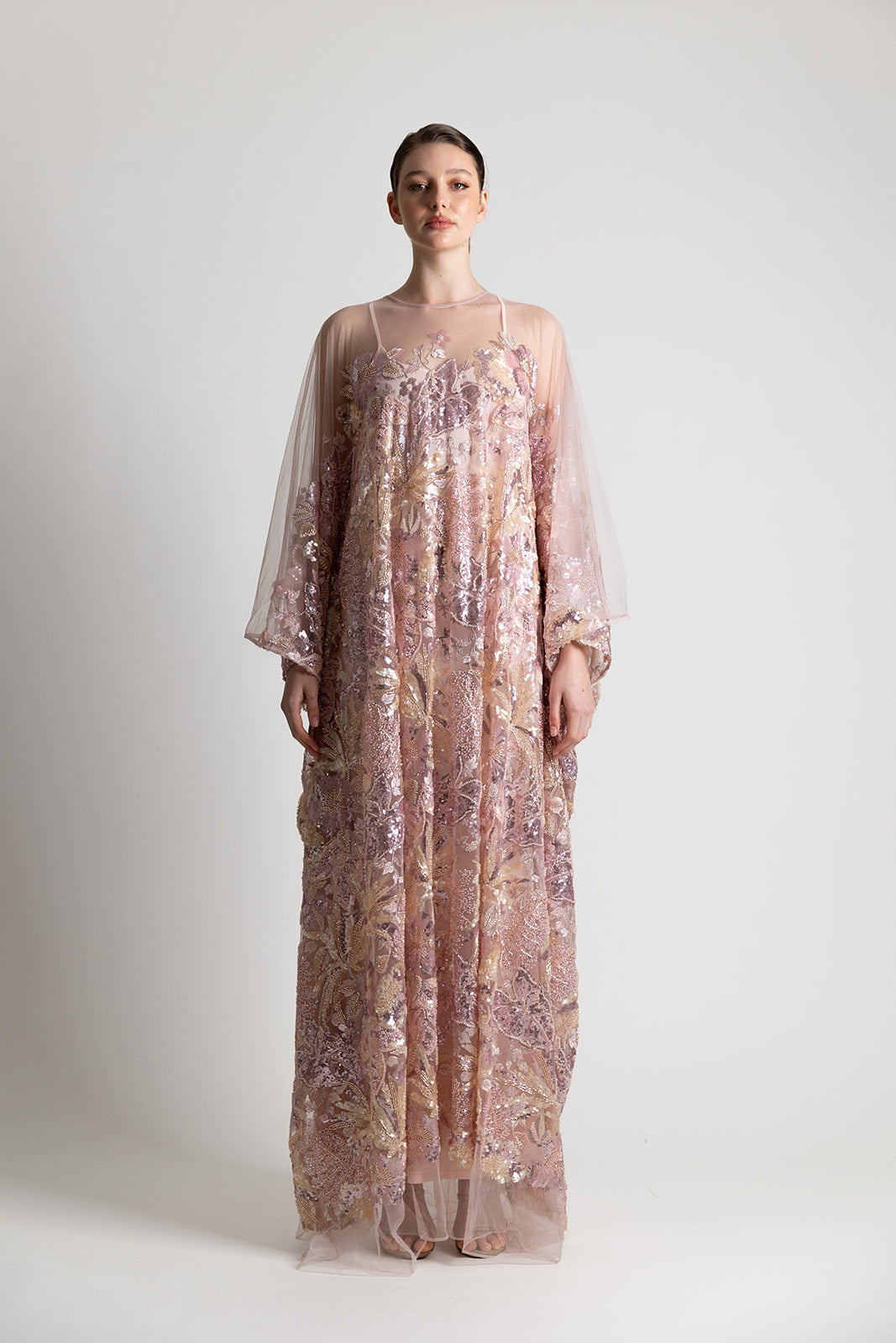 FLORAL BEADED & SEQUIN KAFTAN PINK