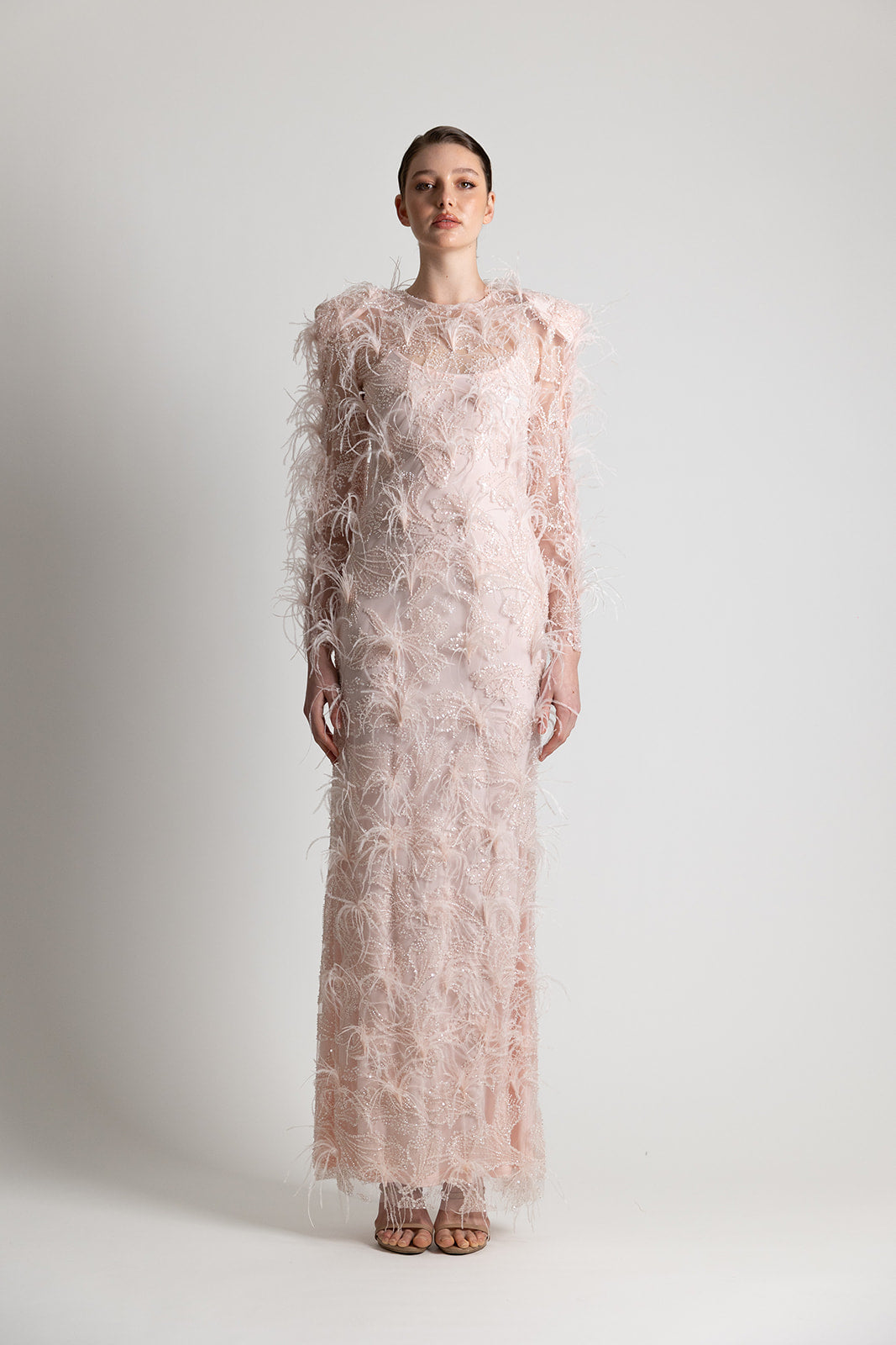 OSTRICH FEATHERED BEADED LACE DRESS PINK LONG