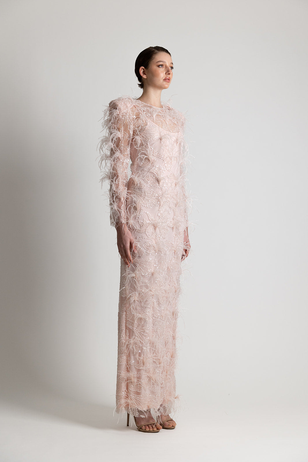 OSTRICH FEATHERED BEADED LACE DRESS PINK LONG