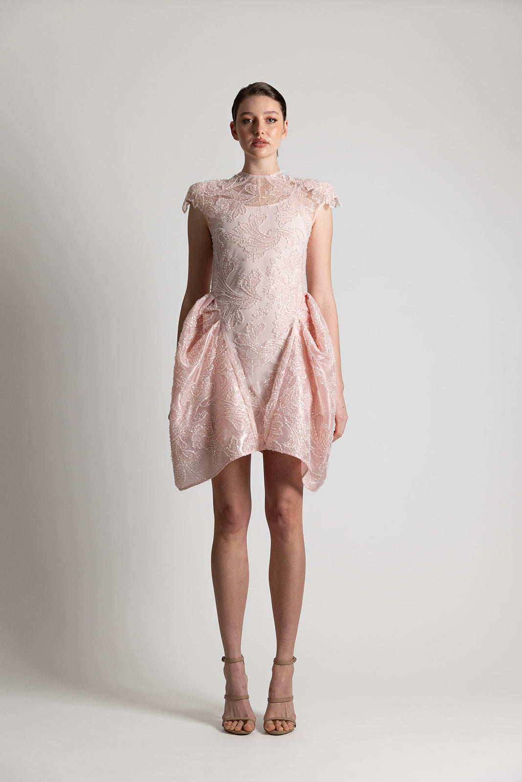 BEADED LACE CAP SLEEVE MINI DRESS PINK