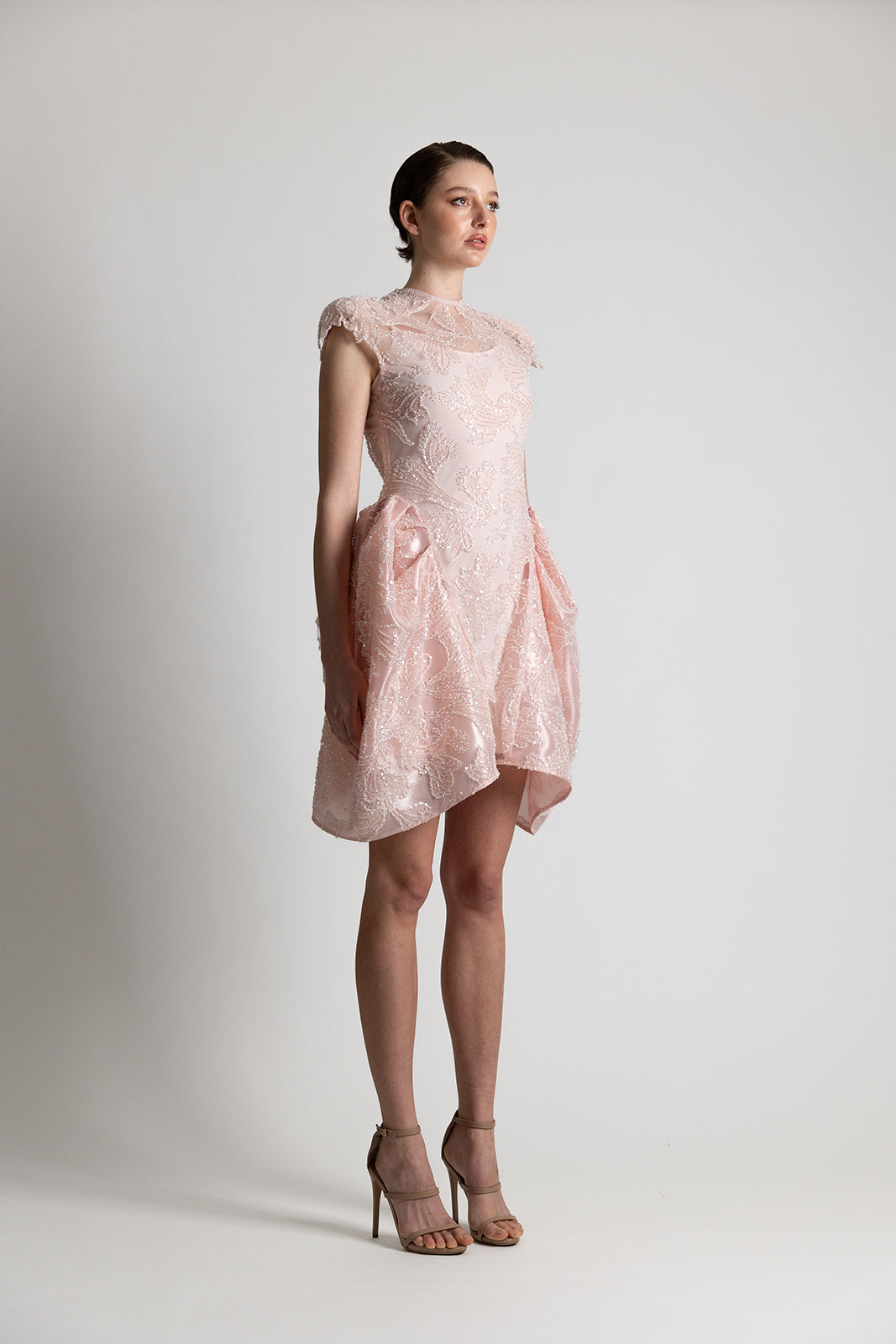 BEADED LACE CAP SLEEVE MINI DRESS PINK