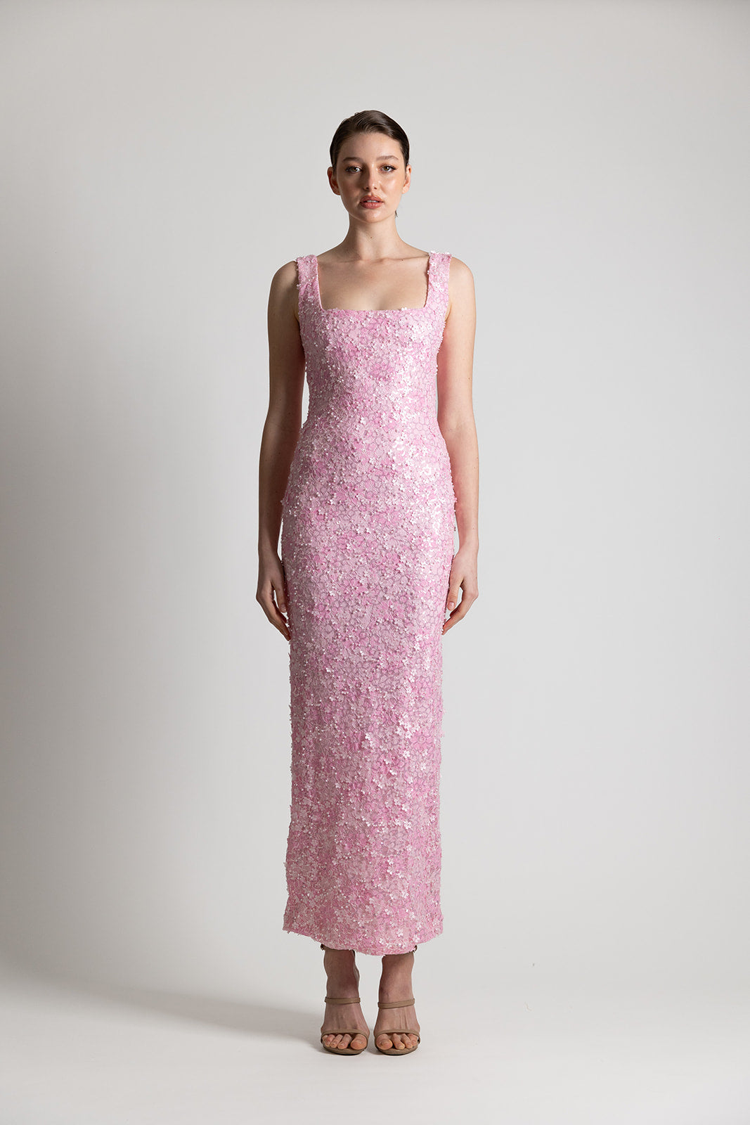 PINK SQUARE NECK LACE DRESS
