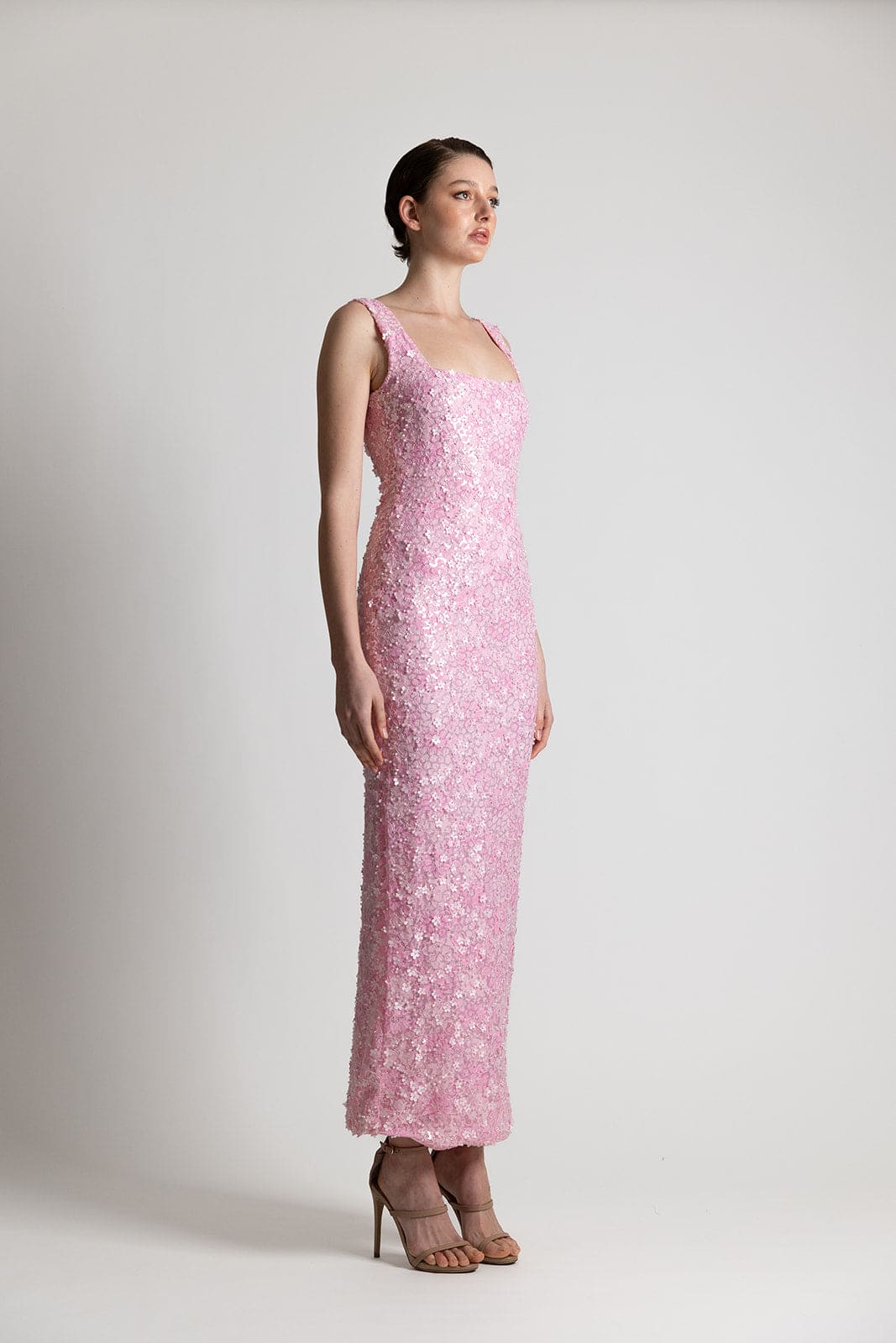 PINK SQUARE NECK LACE DRESS