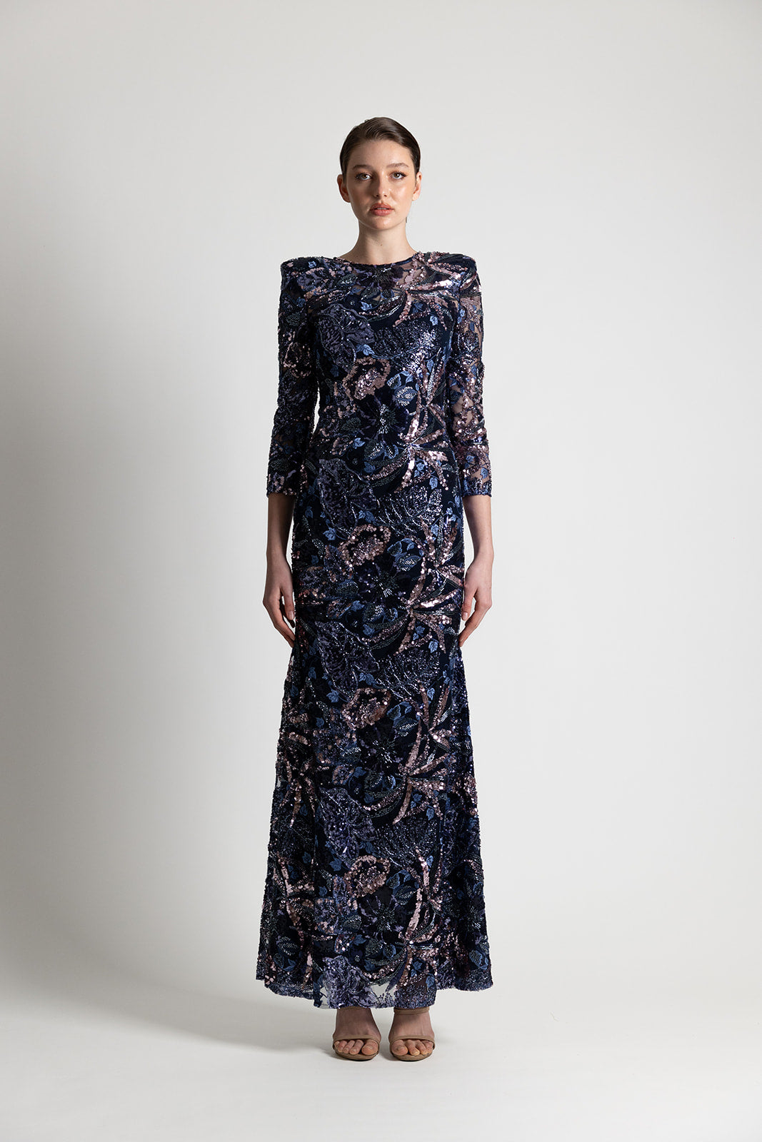 FLORAL BEADED & SEQUIN DRESS BLUE