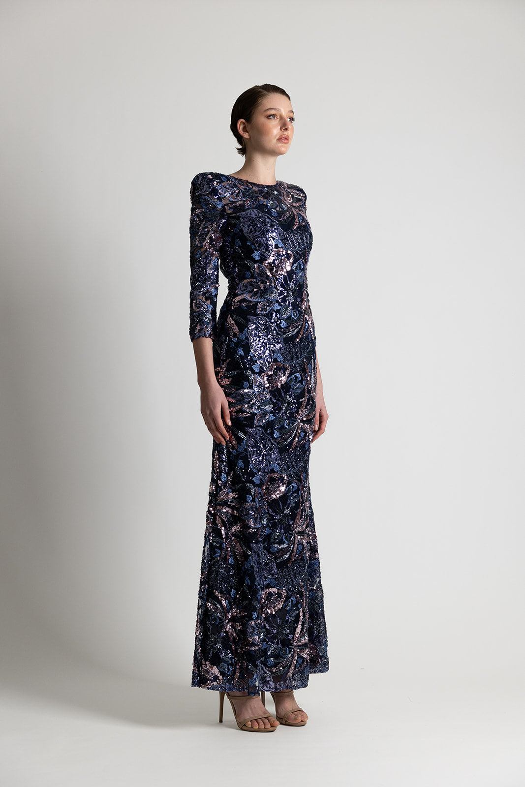 FLORAL BEADED & SEQUIN DRESS BLUE