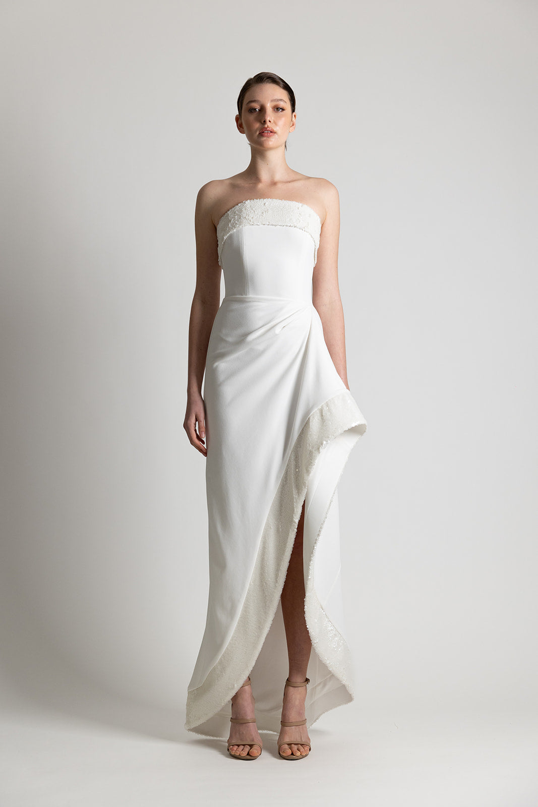 STRAPLESS ASY SEQUIN DRESS WHITE