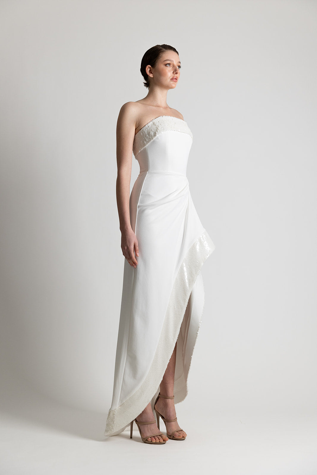 STRAPLESS ASY SEQUIN DRESS WHITE