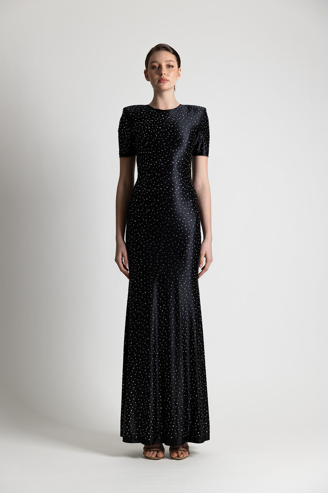 SATIN JERSEY SILVER  STUDDED DRESS