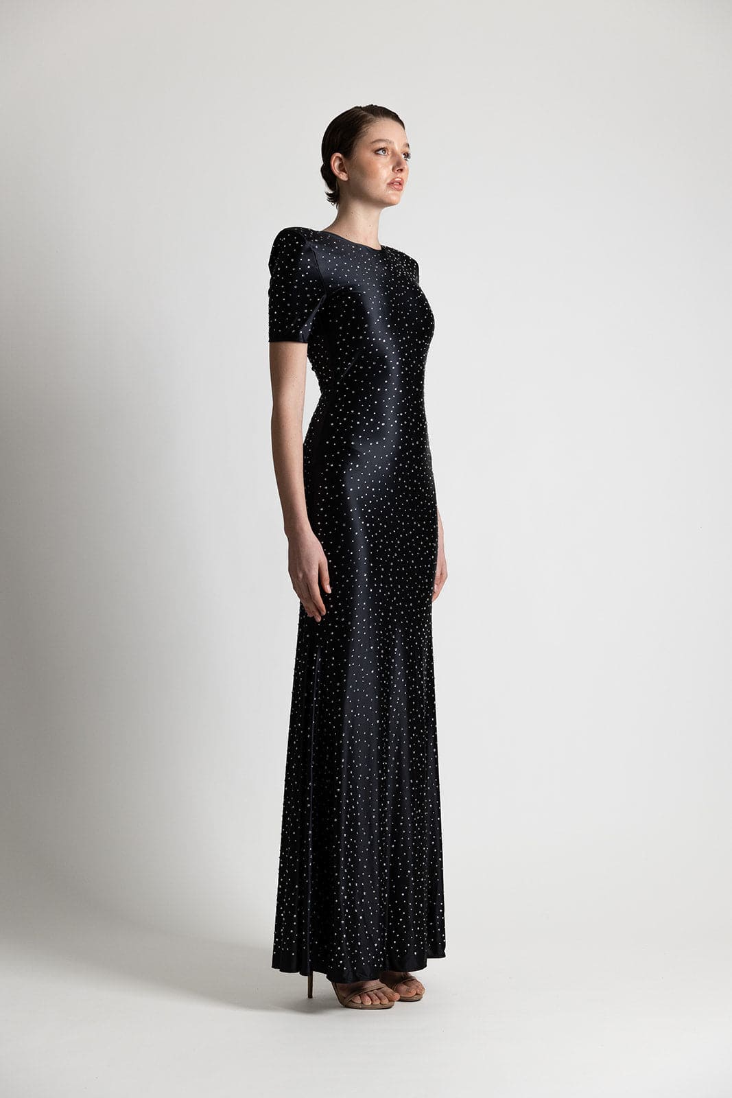 SATIN JERSEY SILVER  STUDDED DRESS