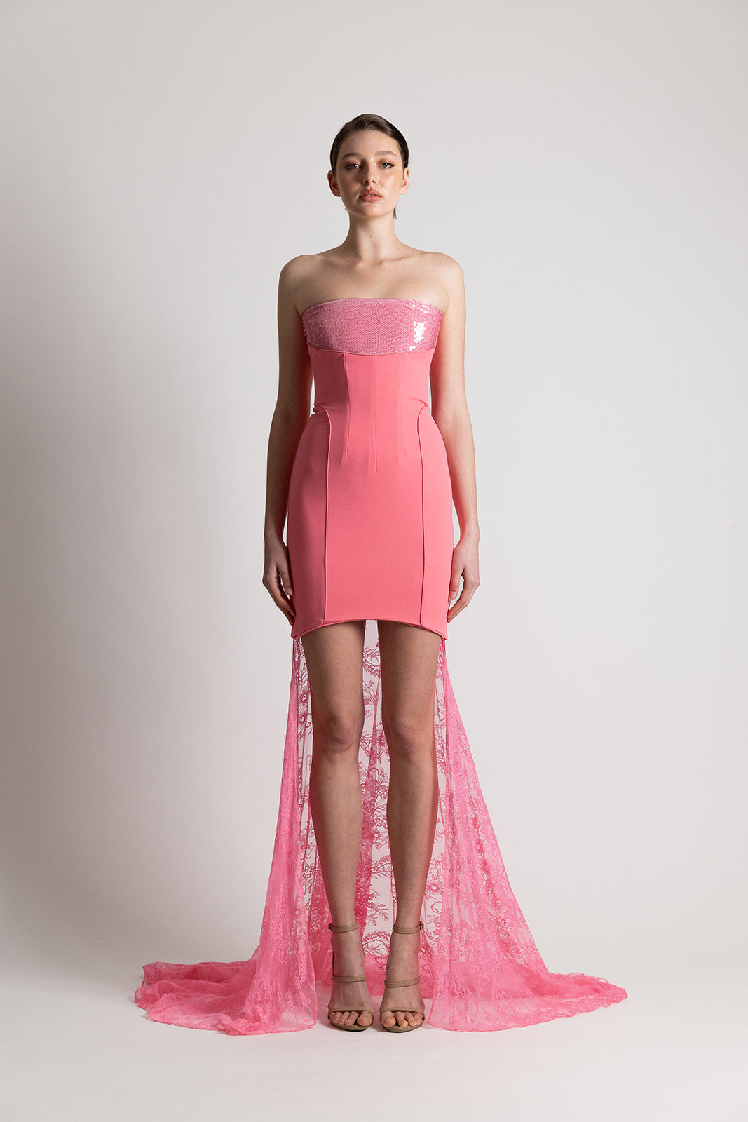 STRAPLESS SEQUIN LACE DRESS