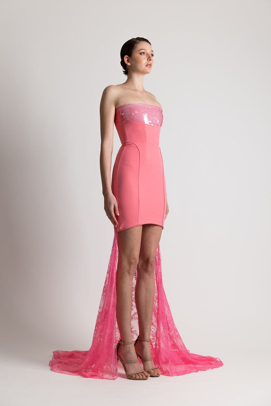 STRAPLESS SEQUIN LACE DRESS