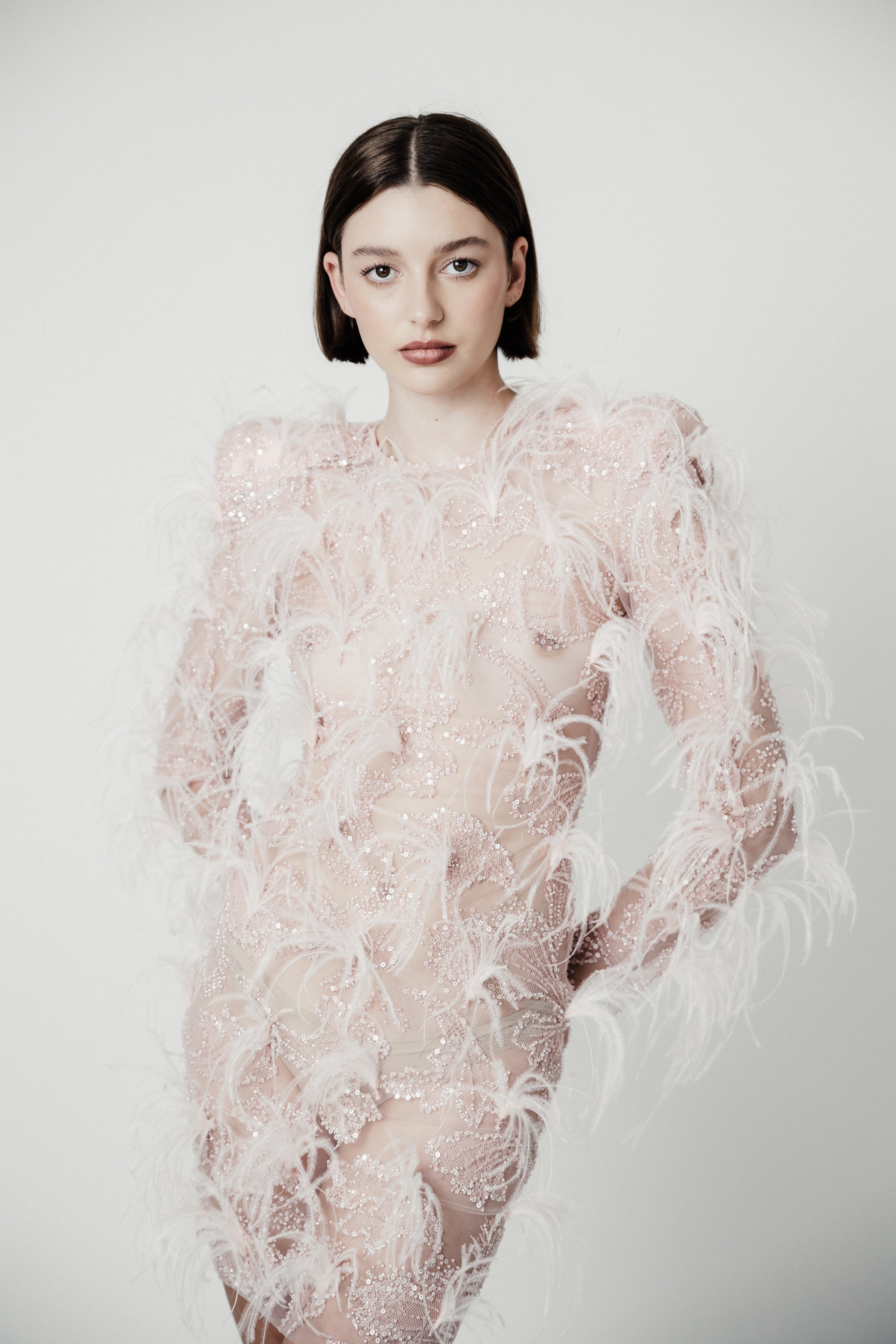 OSTRICH FEATHERED BEADED LACE DRESS PINK