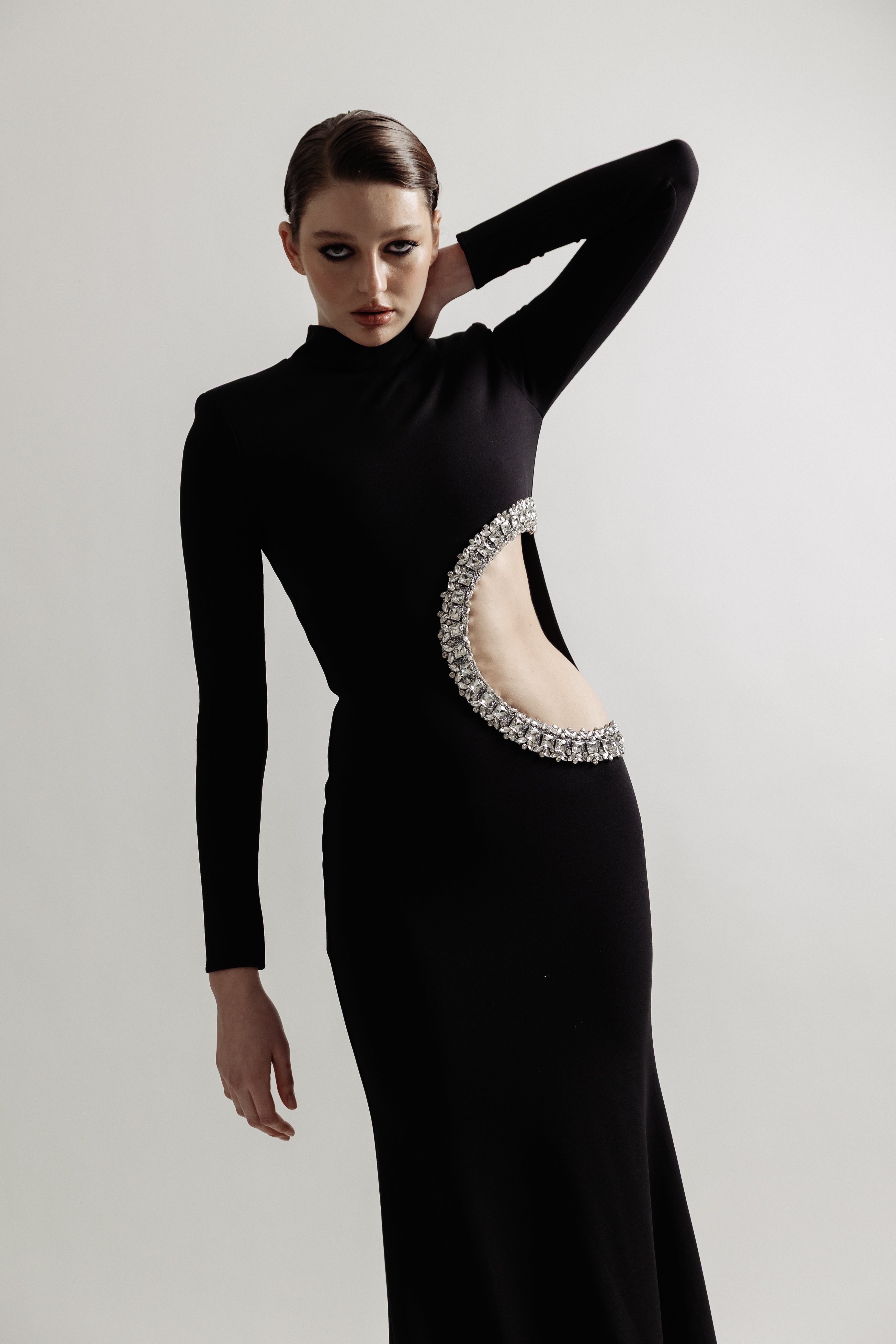 CUTOUT DIAMOND CREPE GOWN