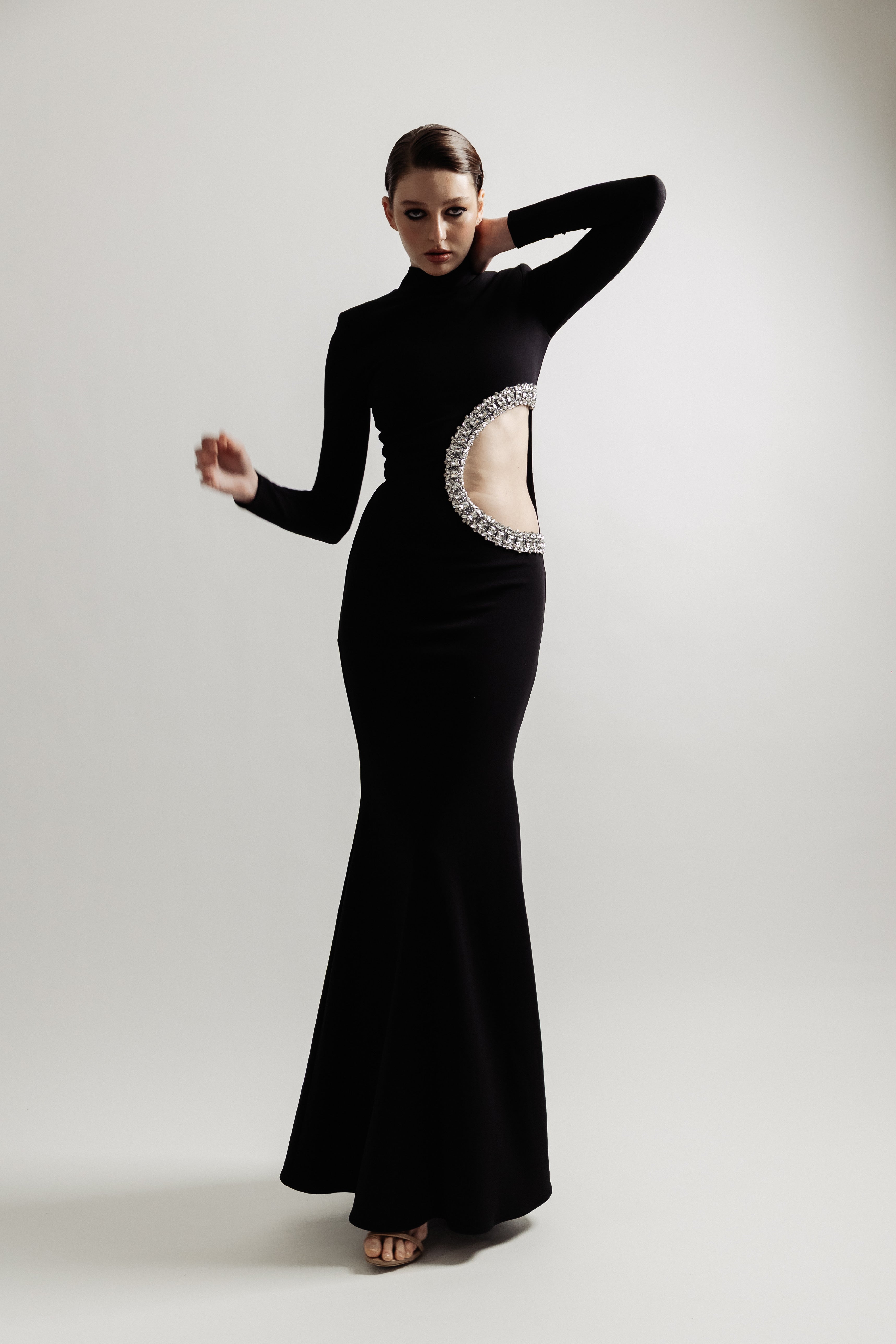 CUTOUT DIAMOND CREPE GOWN