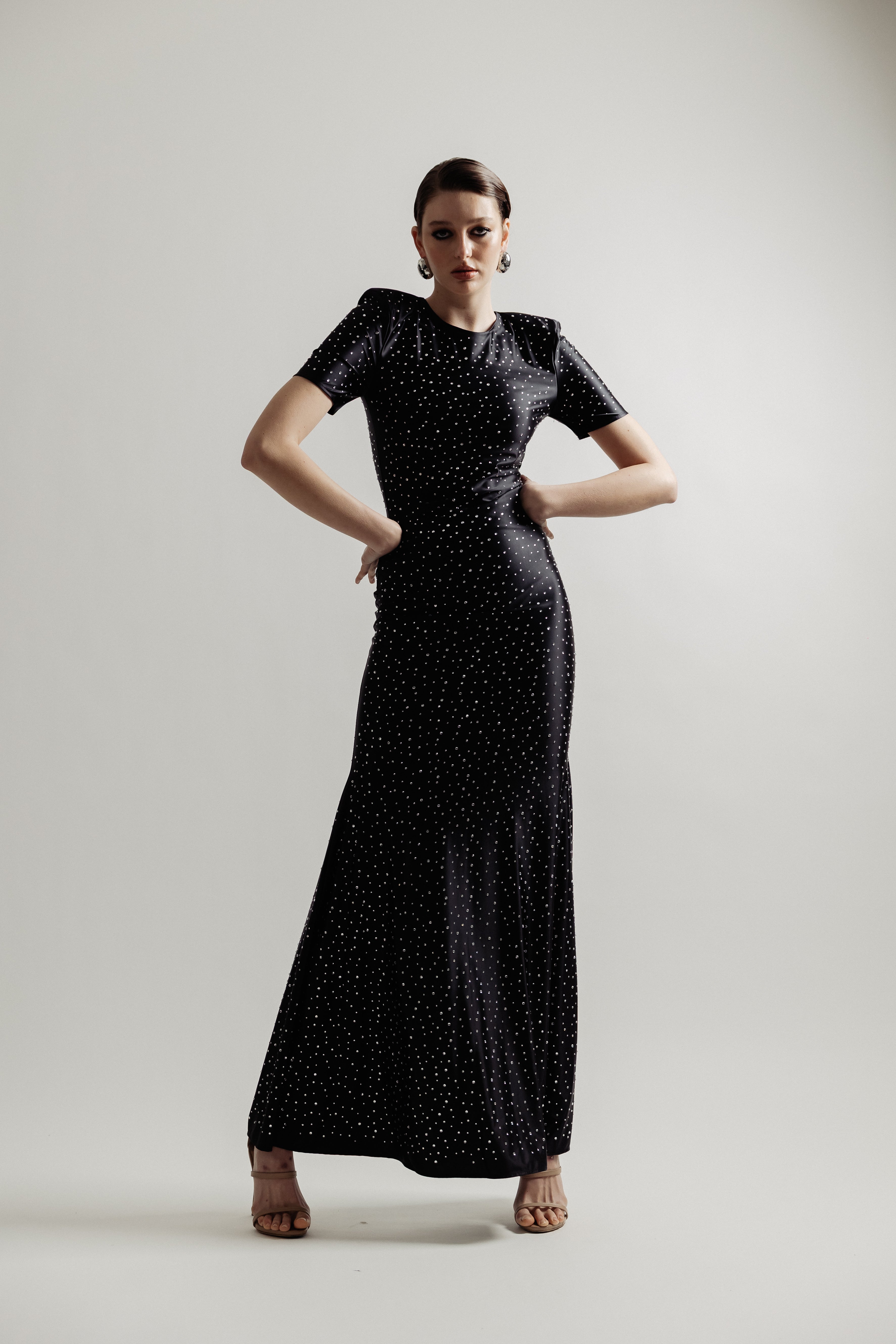 SATIN JERSEY SILVER  STUDDED DRESS