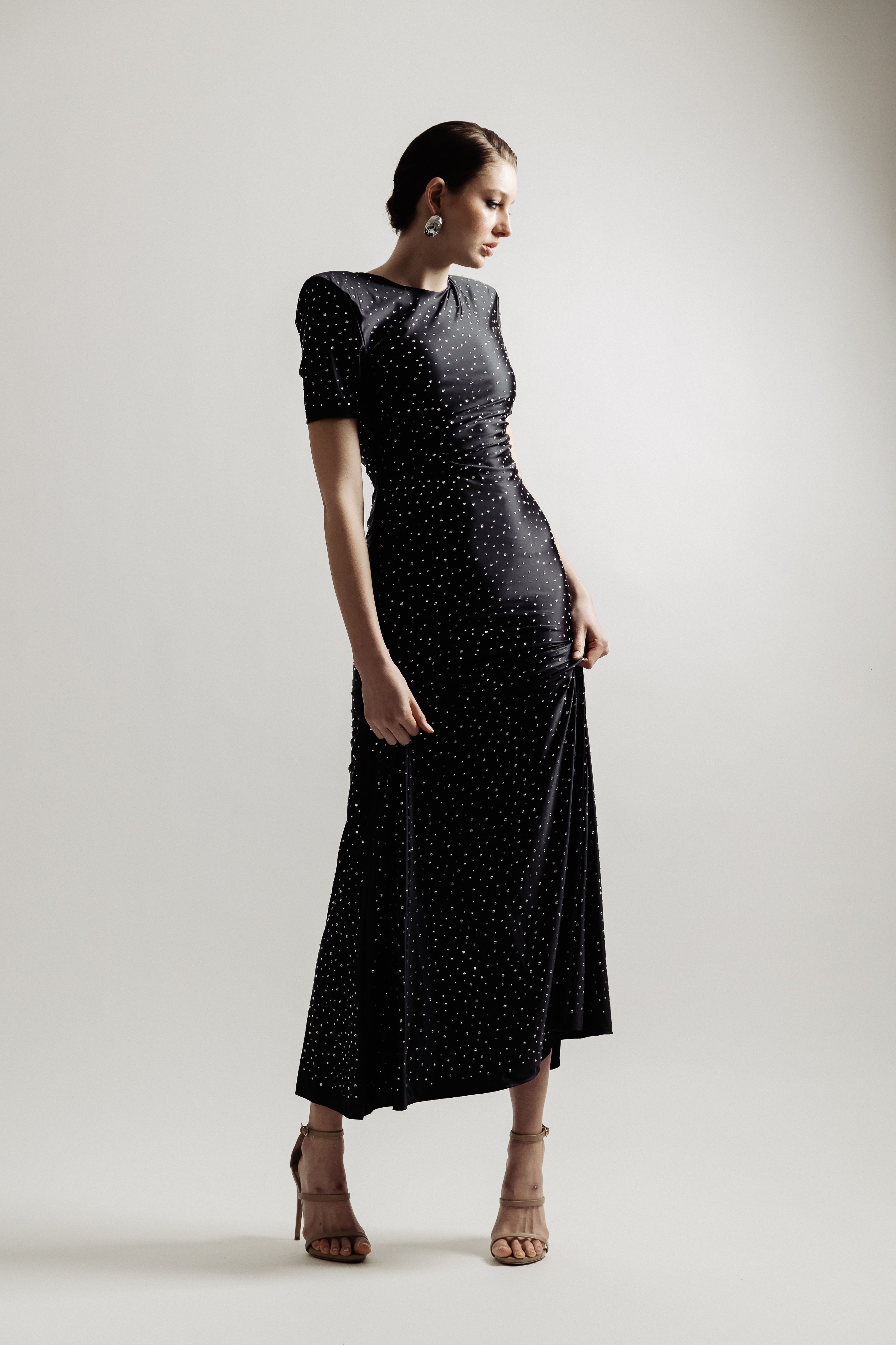 SATIN JERSEY SILVER  STUDDED DRESS