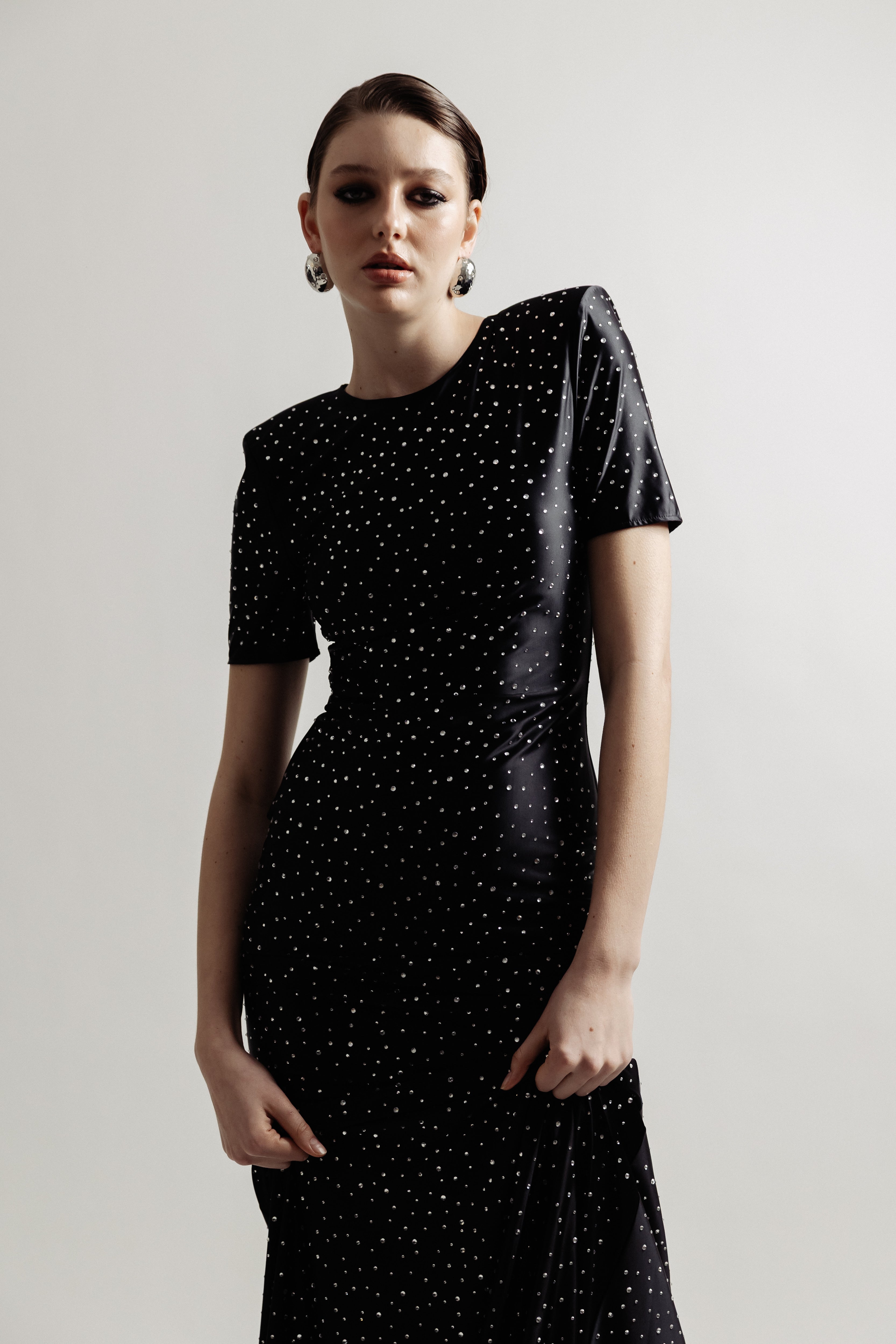 SATIN JERSEY SILVER  STUDDED DRESS