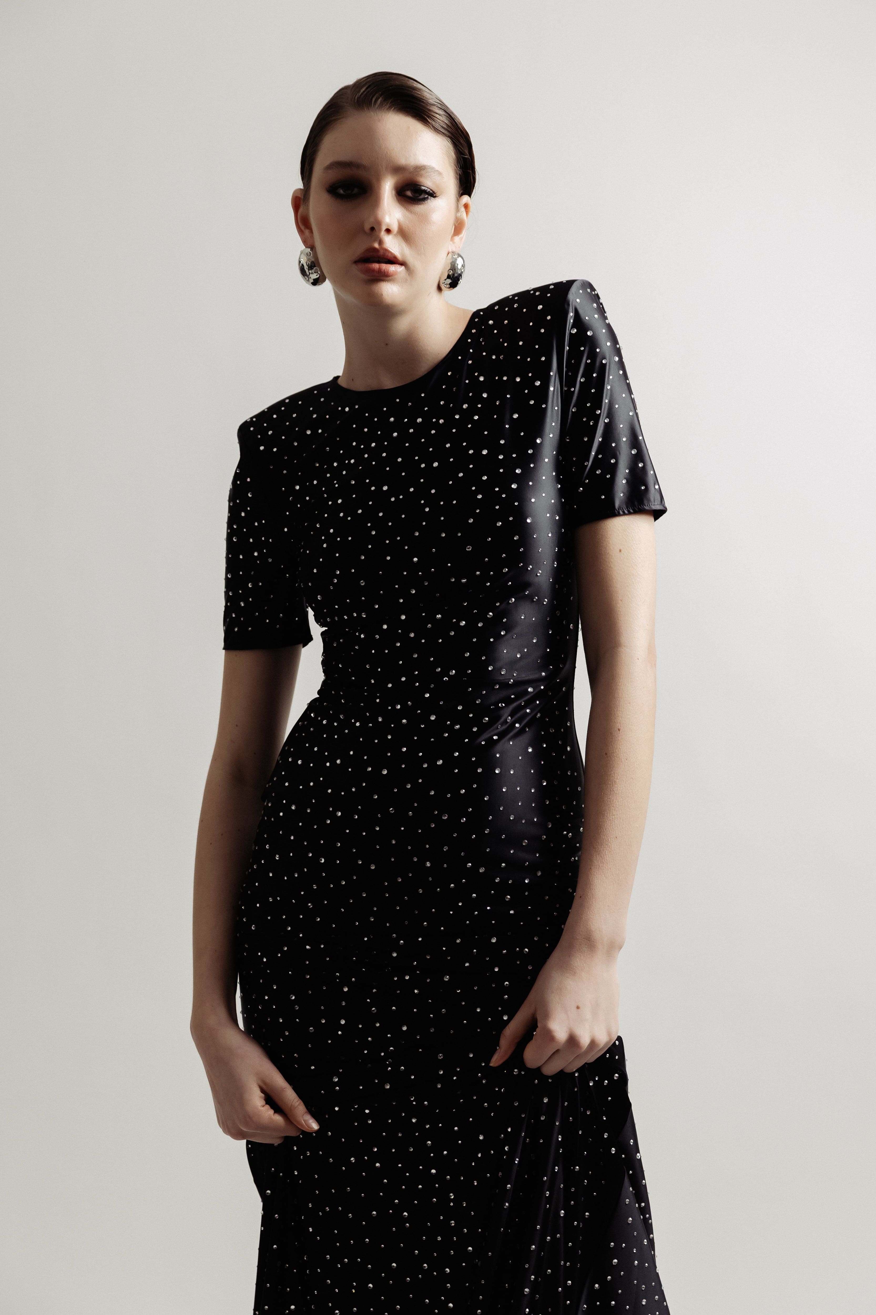 black silver studded dress Black Bodycon Dress With Silver Studded Design