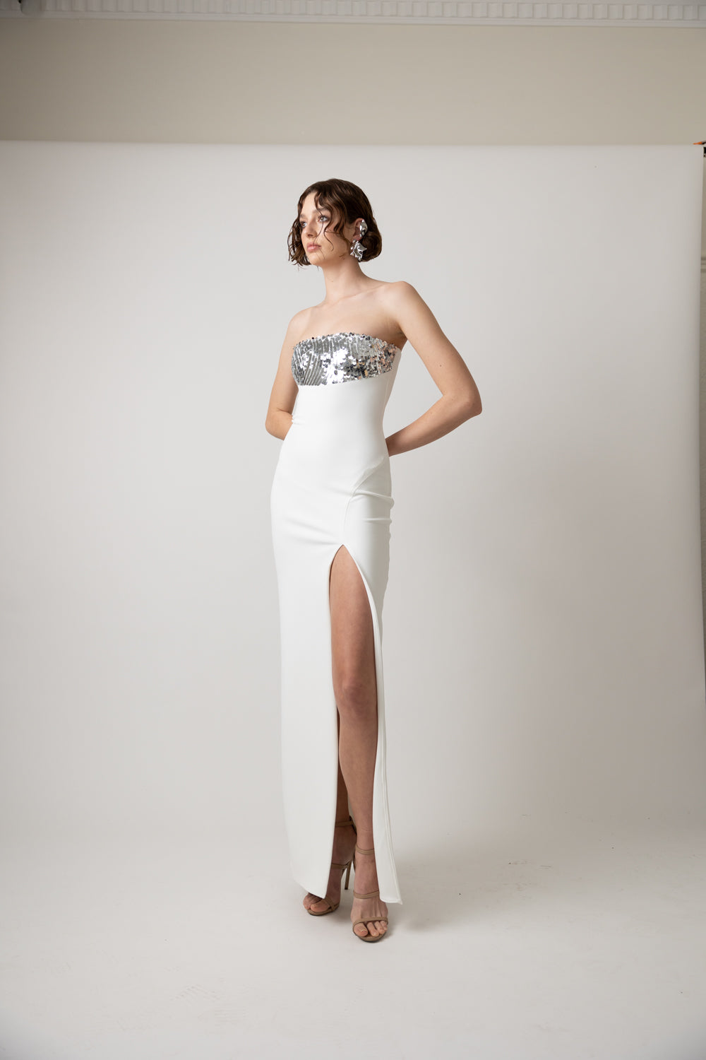 WHITE STRAPLESS SEQUIN PANEL DRESS