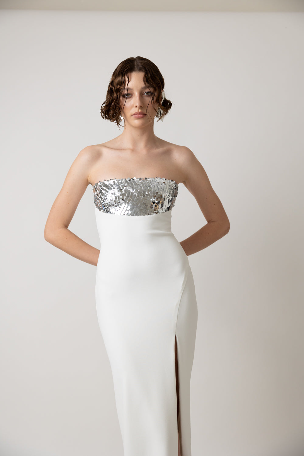 WHITE STRAPLESS SEQUIN PANEL DRESS