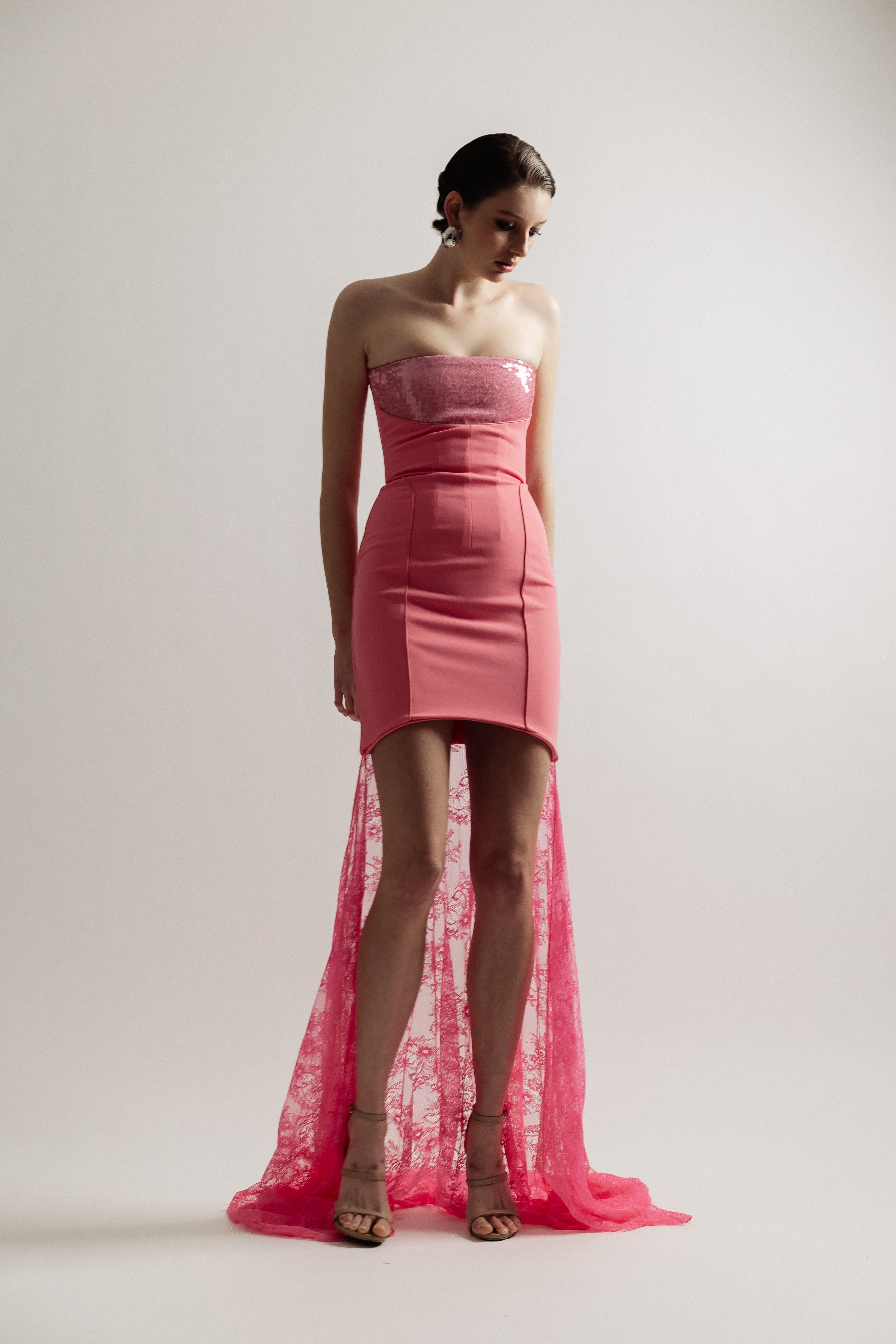 STRAPLESS SEQUIN LACE DRESS